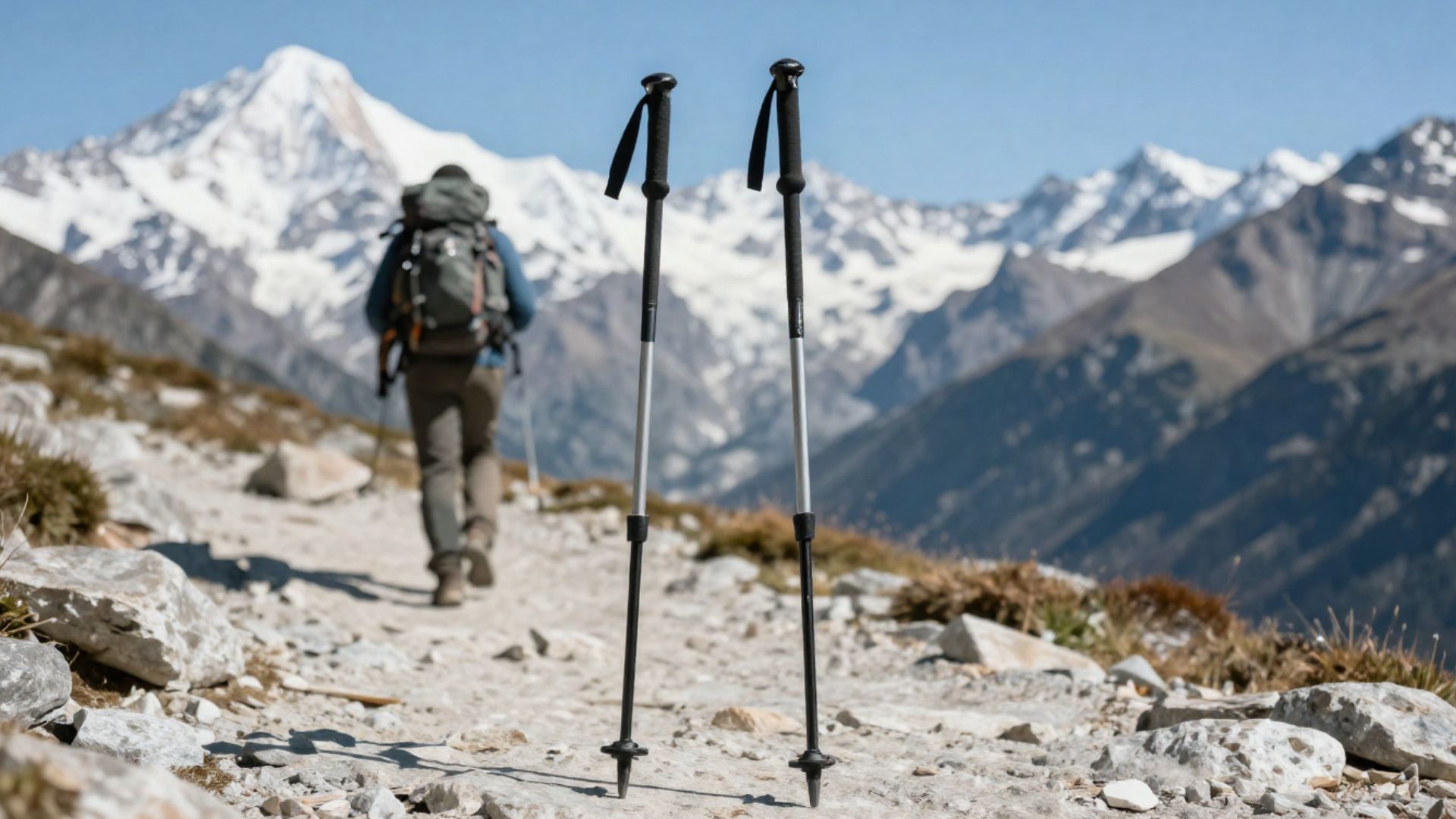A hiker using trekking poles crossing a rocky alpine trail with mountains behind.