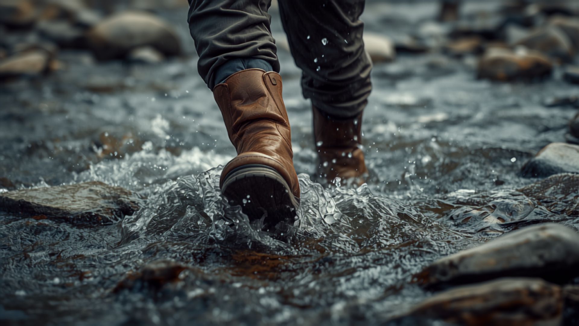 An angler in wading boots stepping across a rocky river with water rushing around the boots.