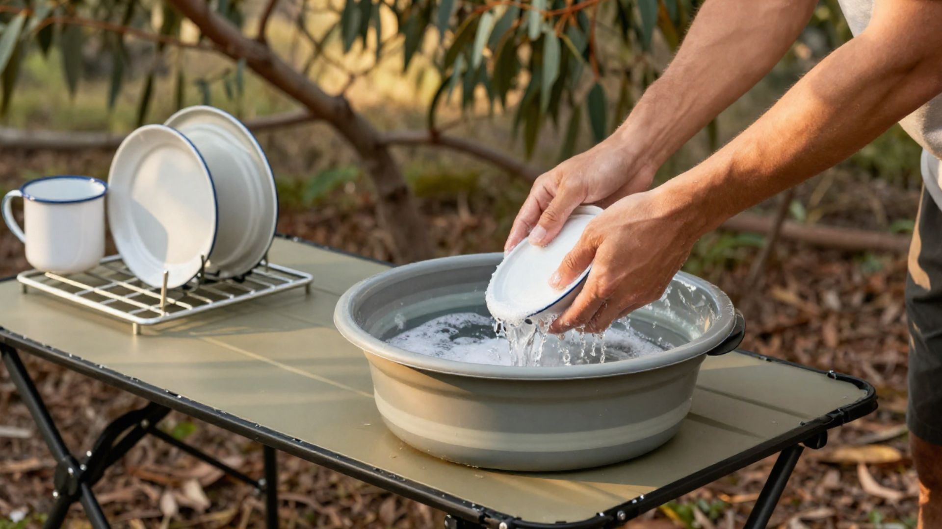 A collapsible camp wash basin filled with soapy water and dishes on a camp kitchen table.