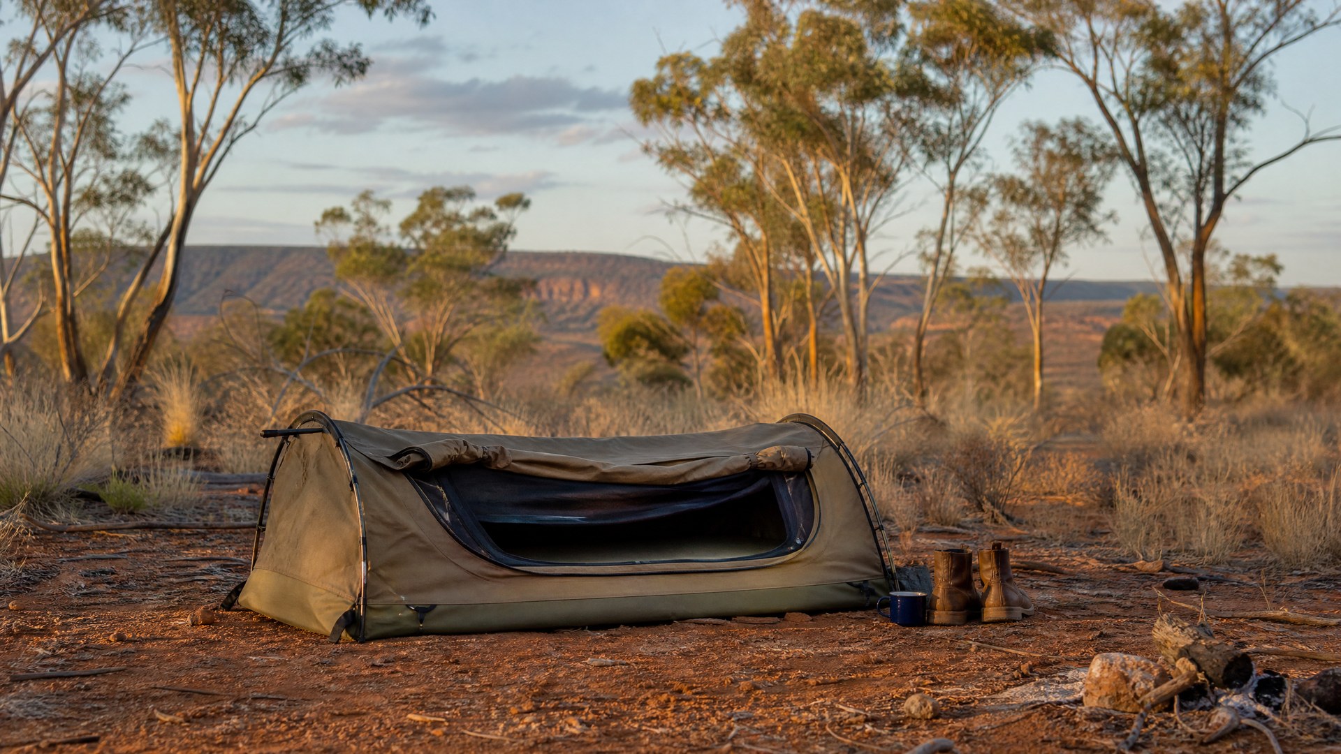 Camping swag set up at a bush campsite
