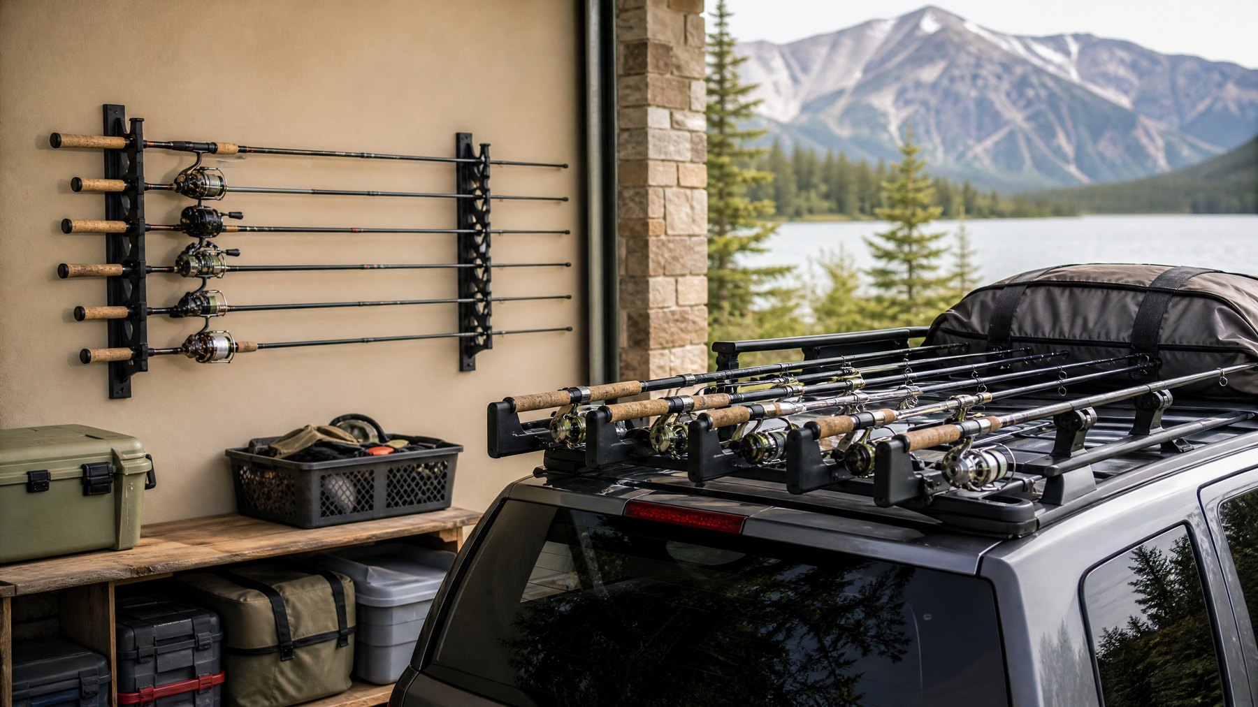 Fishing rods organized in vehicle and garage storage racks