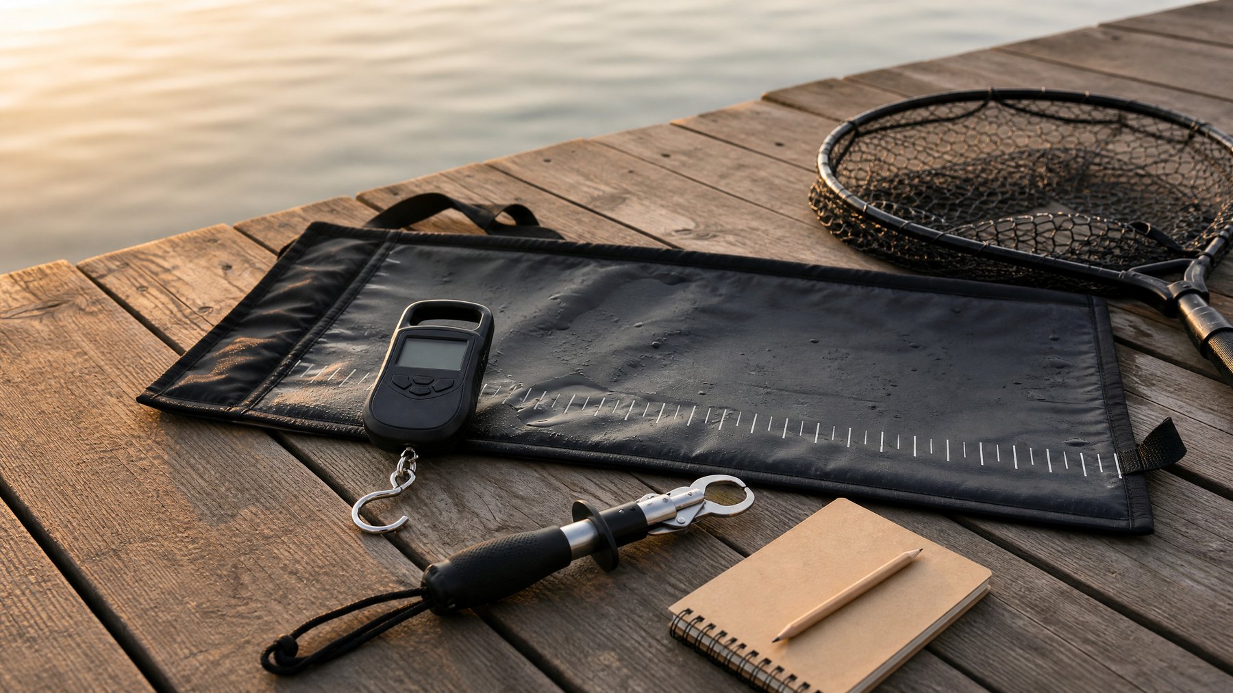 Fishing scale and measuring mat arranged on a dock for accurate catch records