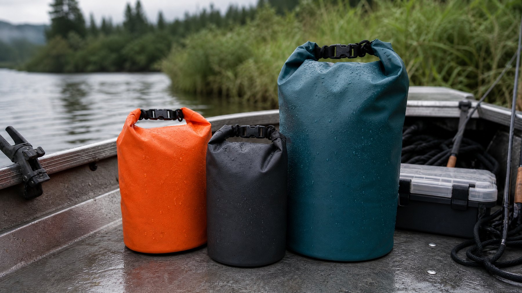 Waterproof dry bags on a wet fishing boat deck