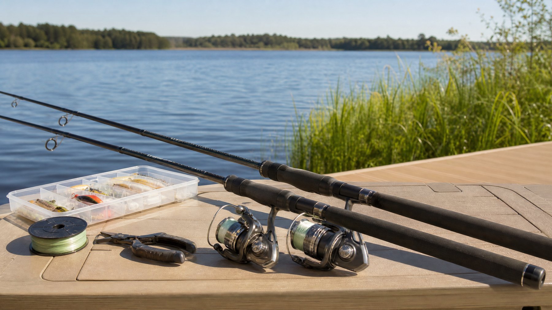 Beginner spinning rod and reel combos arranged on a dock