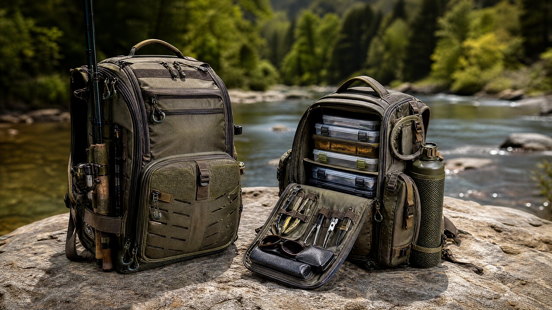 Fishing backpacks organized beside a river with tackle storage visible