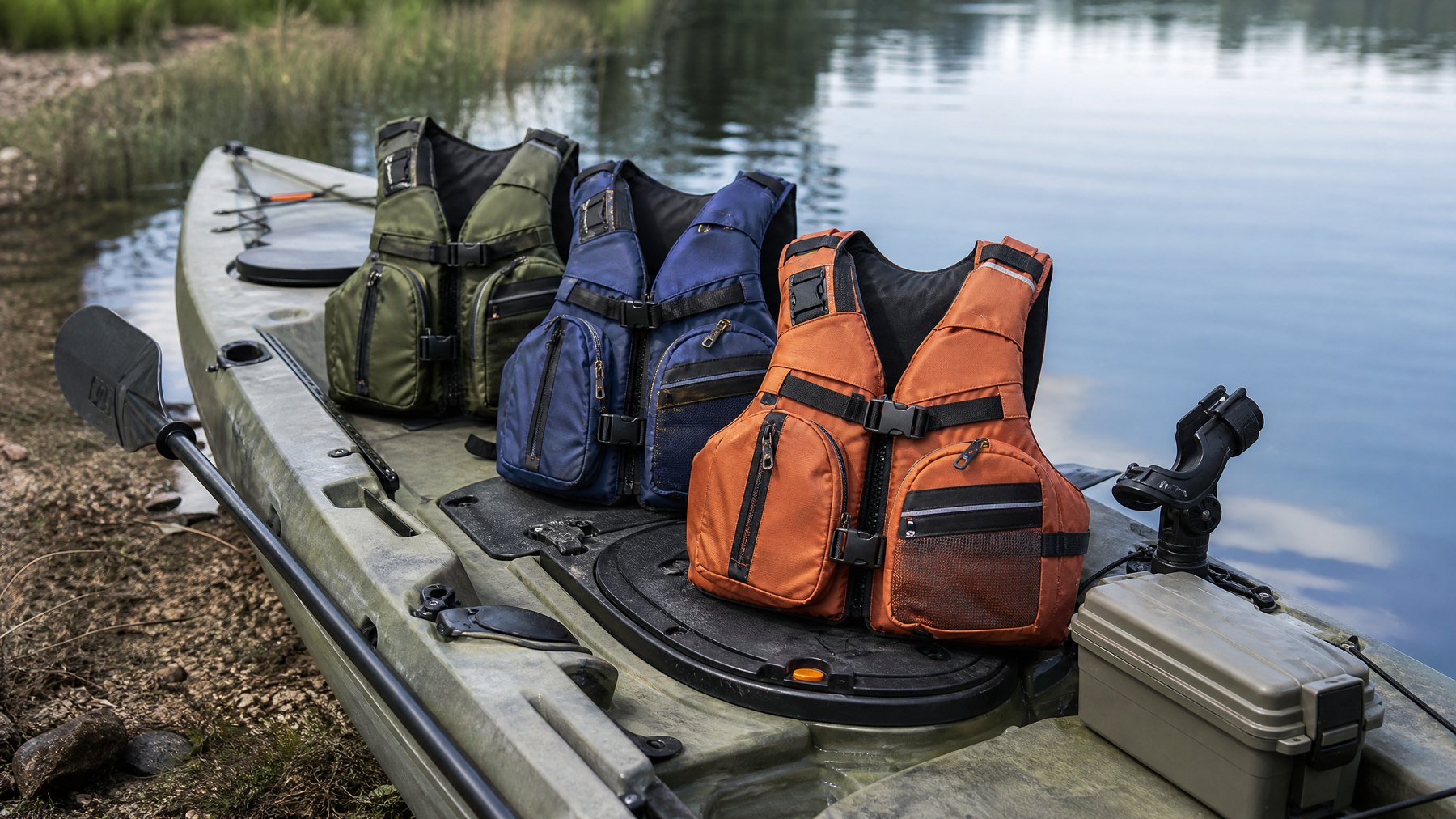 Kayak fishing life jackets arranged on a sit-on-top kayak
