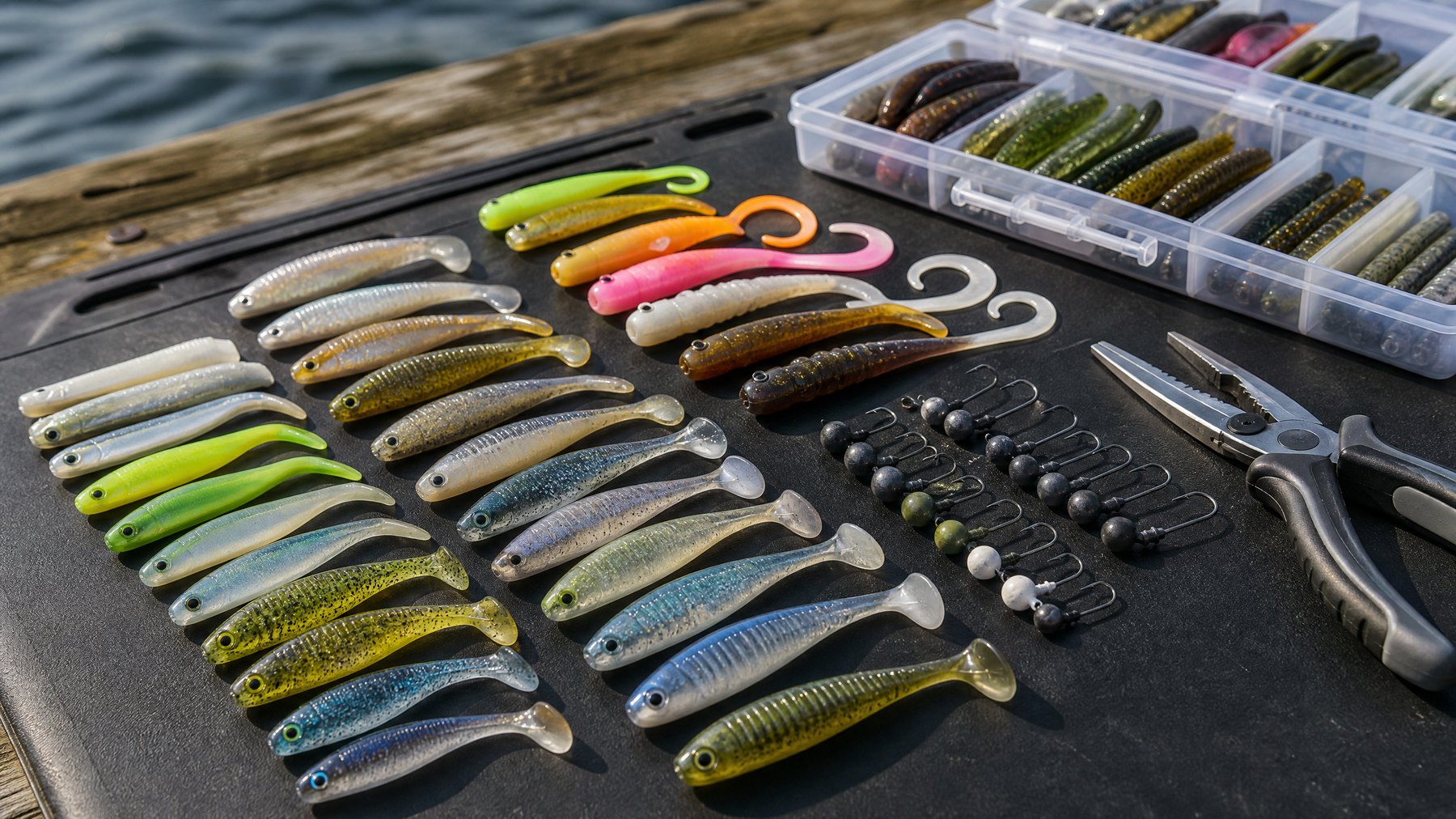 Soft plastic lure kit with jig heads and tackle arranged on a dock