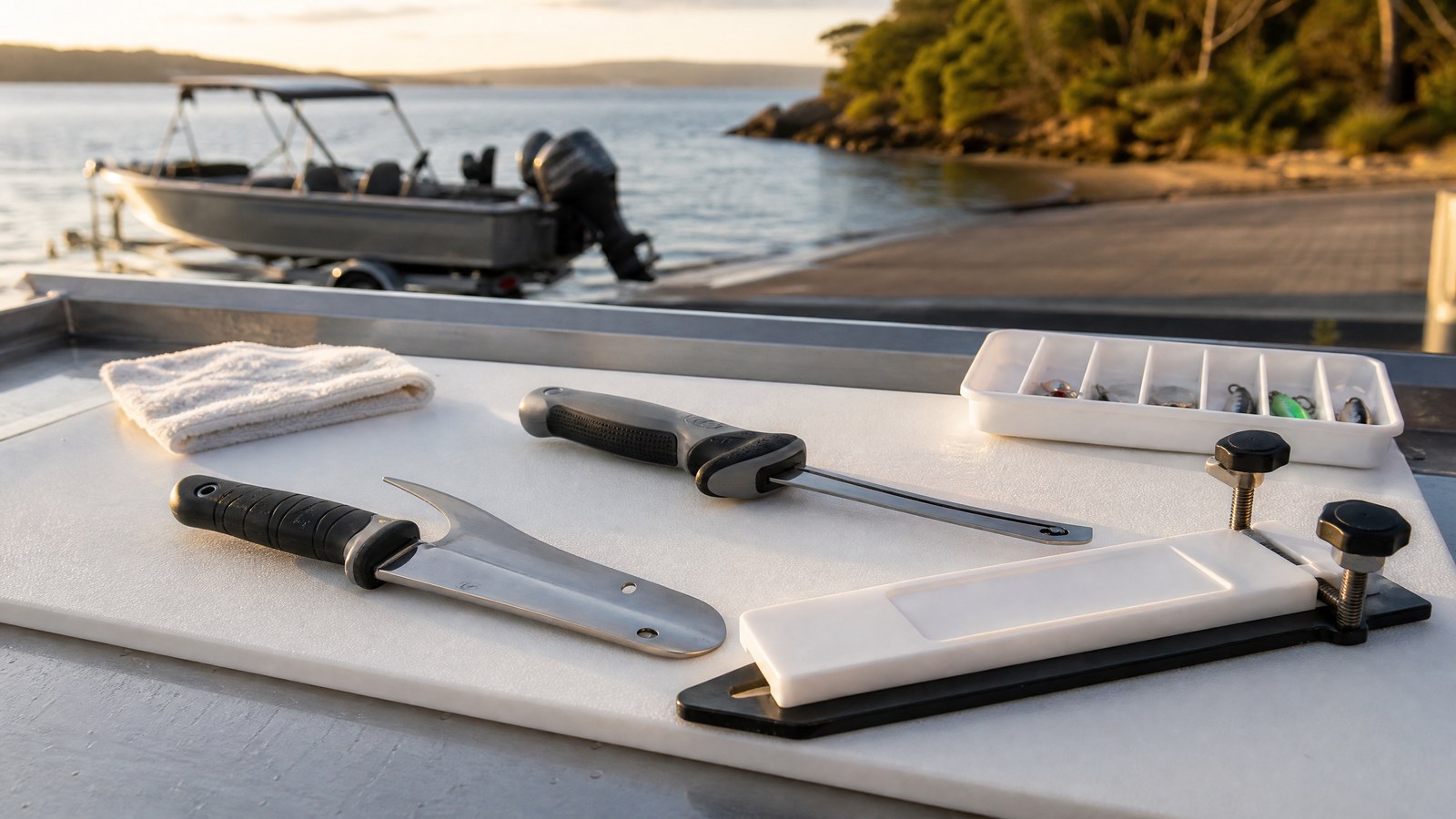 Fish fillet knife and cutting board setup beside a clean campsite prep table near water.