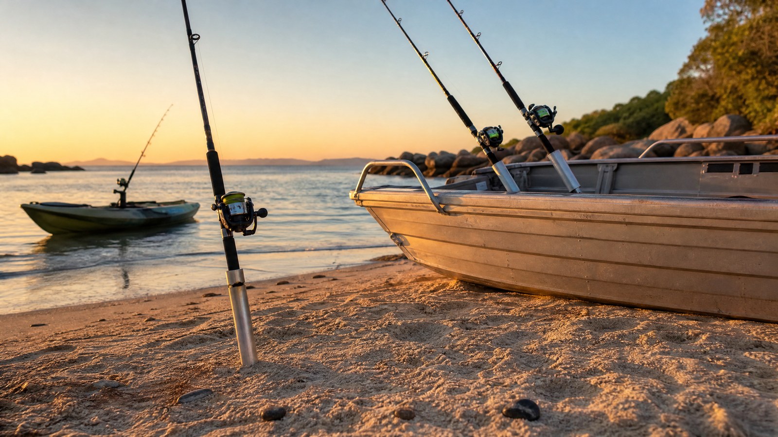 Fishing rods secured in practical holders on a small boat at a calm waterway.