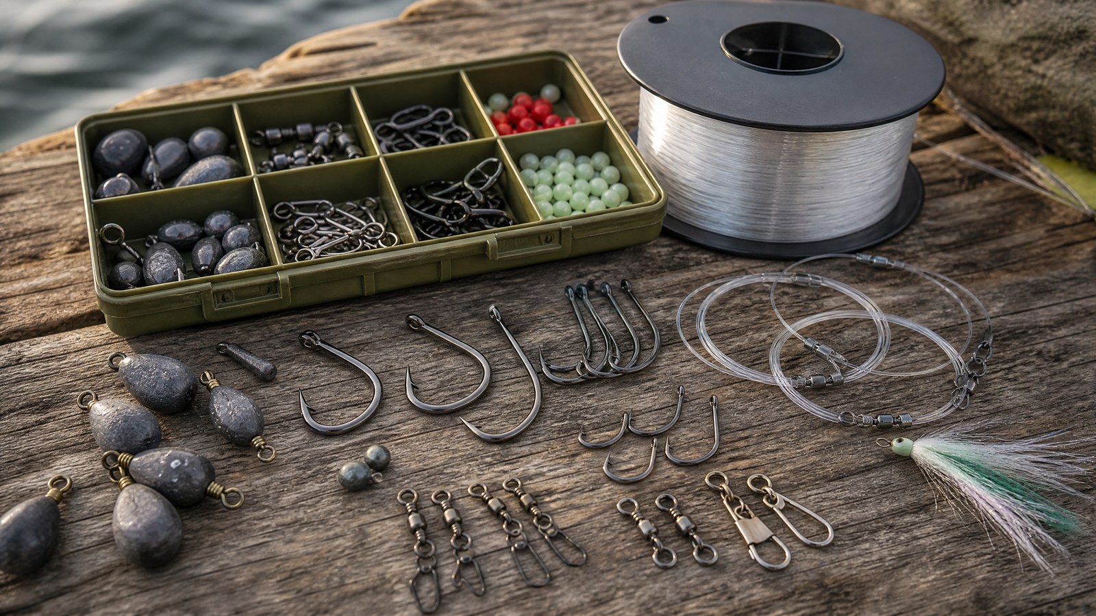 Hooks,sinkers,swivels,leaders and fishing terminal tackle arranged on a weathered outdoor table.