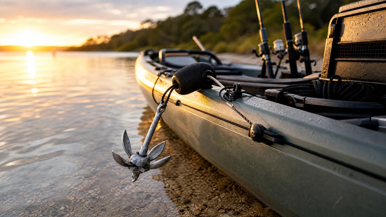 Fishing kayak with anchor rope,float and trolley line beside calm estuary water.