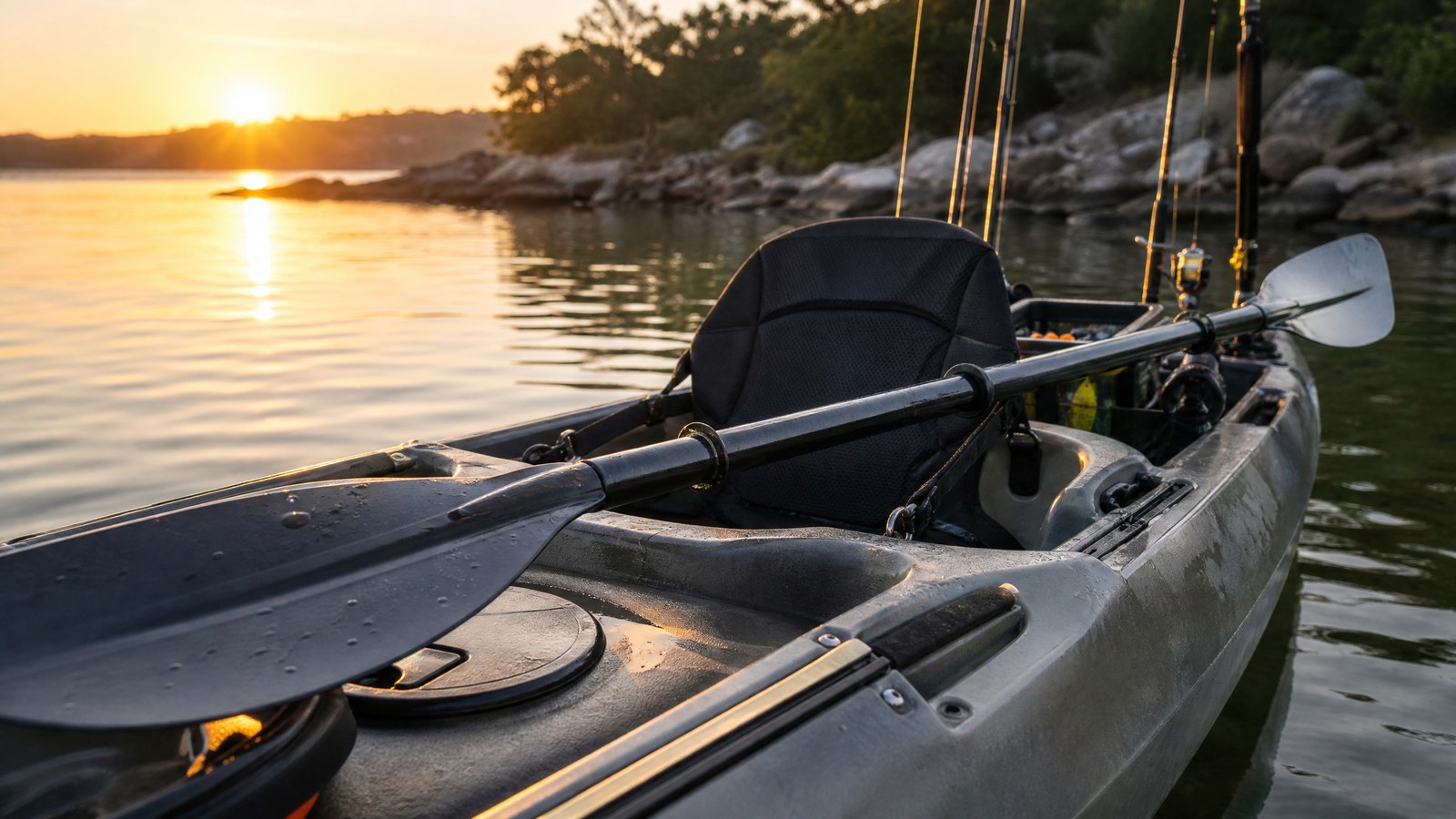 Kayak fishing paddle resting across a fishing kayak on calm water at sunrise.
