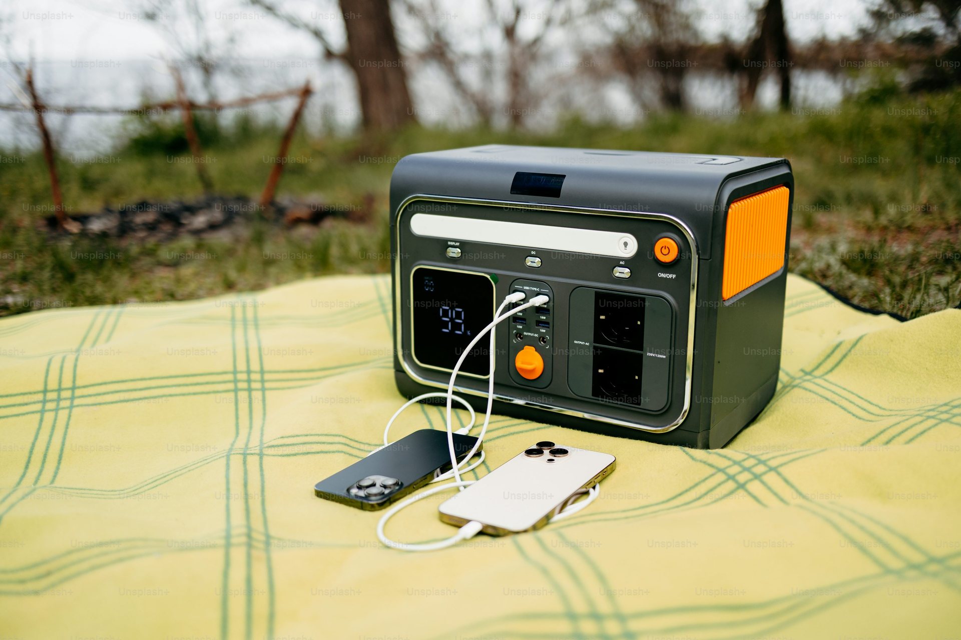 Portable power setup at a campsite for off-grid camping electricity