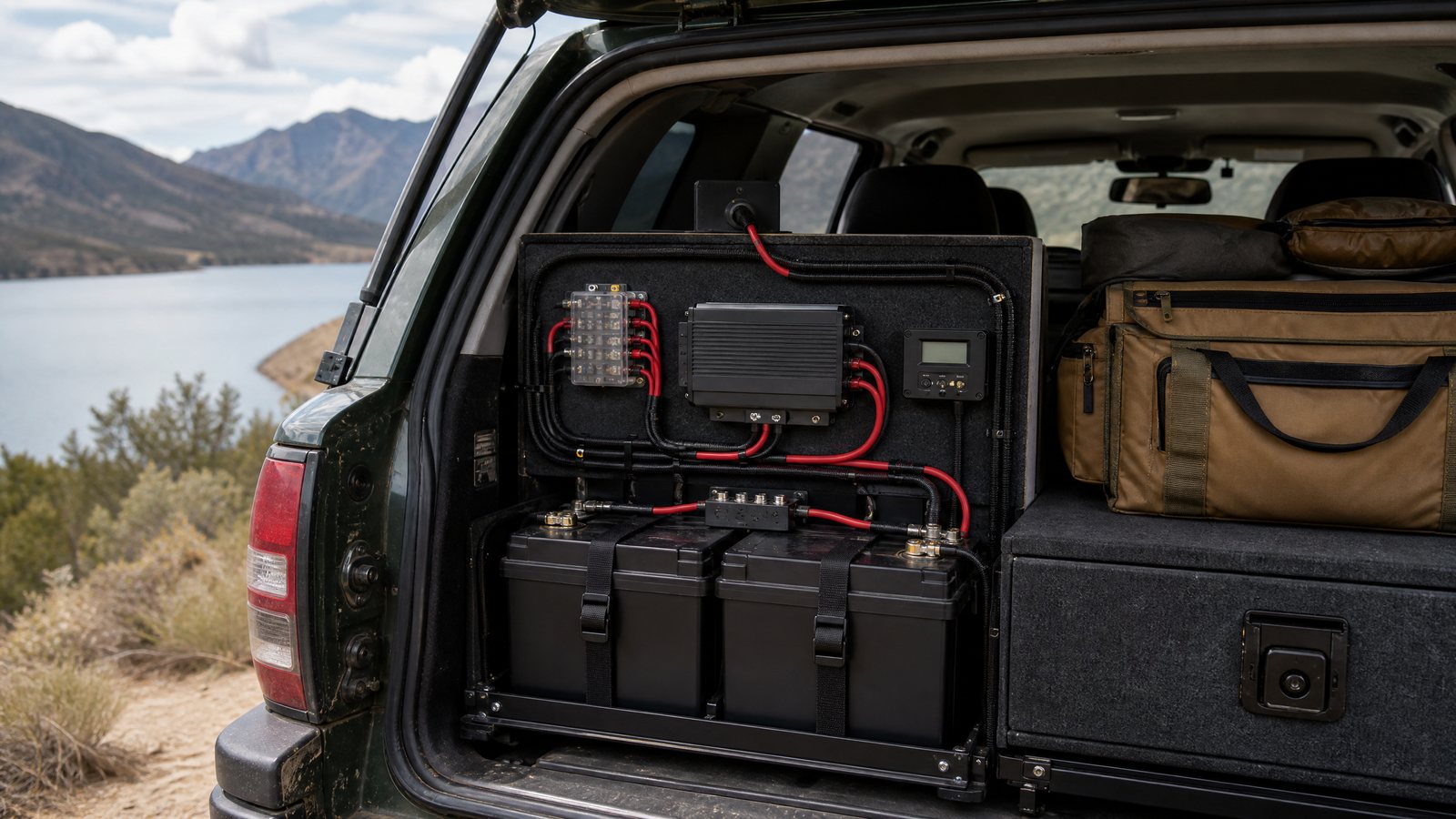 Tidy 4WD dual-battery and DC-DC charger installation inside a touring vehicle canopy.