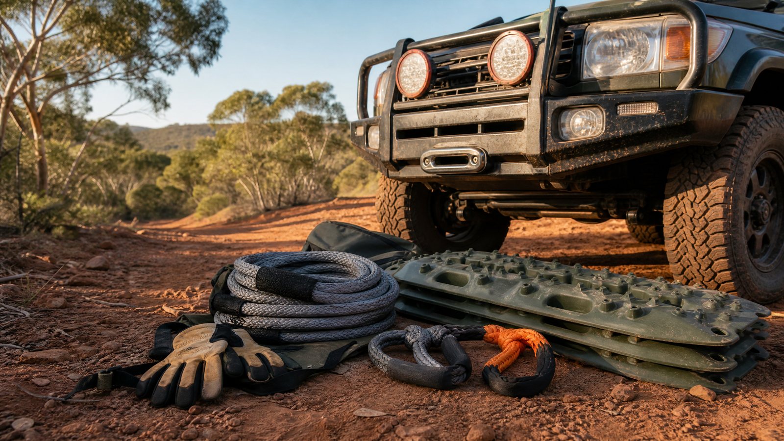 Kinetic recovery rope,soft shackles and recovery boards prepared beside a touring 4WD on a red-dirt track.
