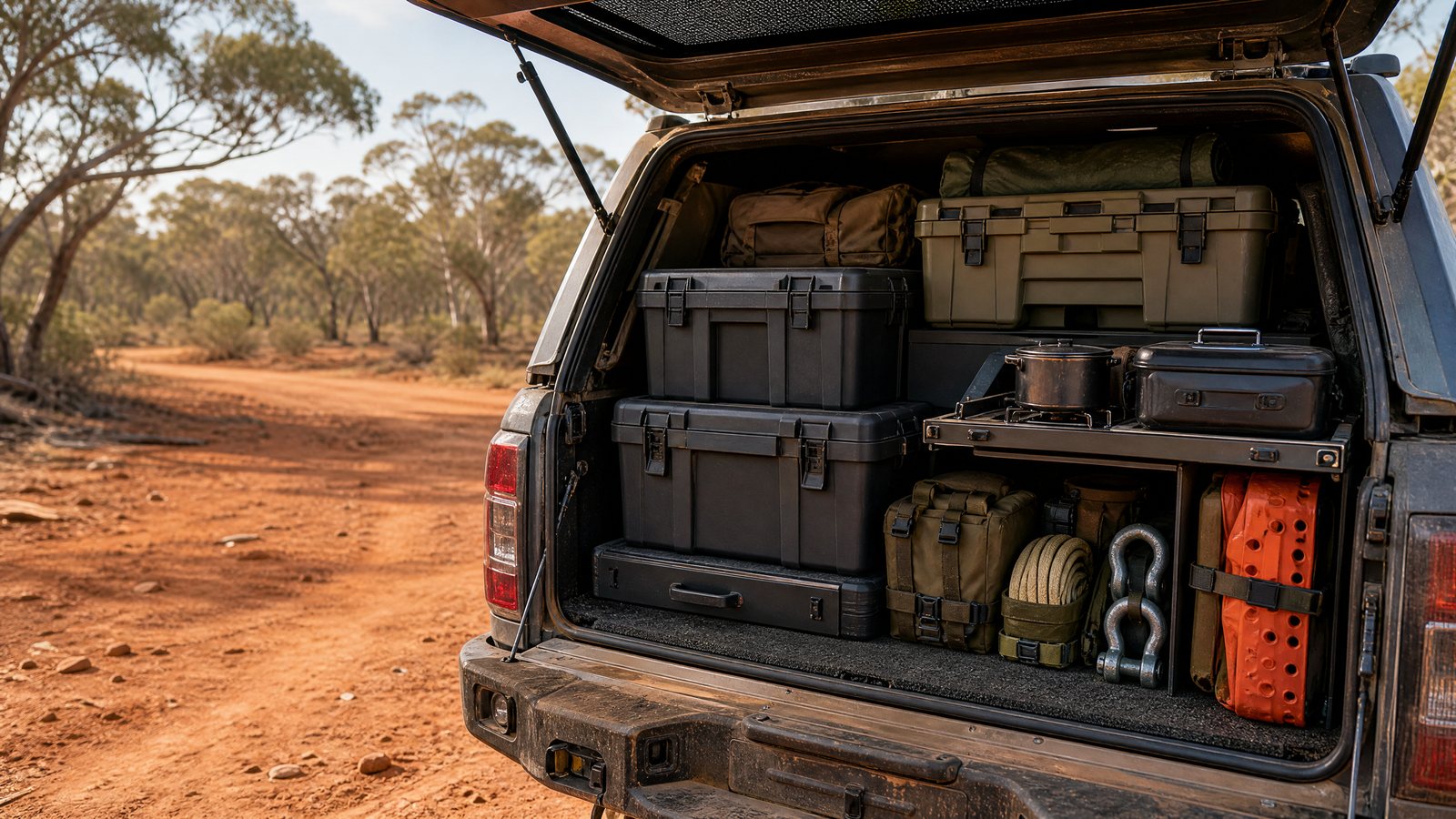 Stacked rugged storage boxes and touring gear crates packed neatly in the rear canopy of a 4WD.