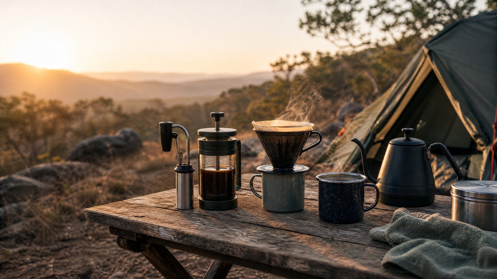 Portable camping coffee makers arranged on a camp table at sunrise beside a tent.