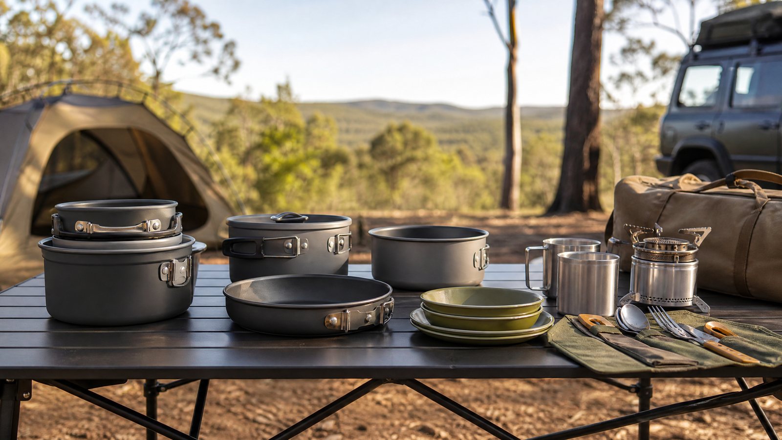 Camping cookware set with pots,pans,plates and utensils arranged on a campsite table.