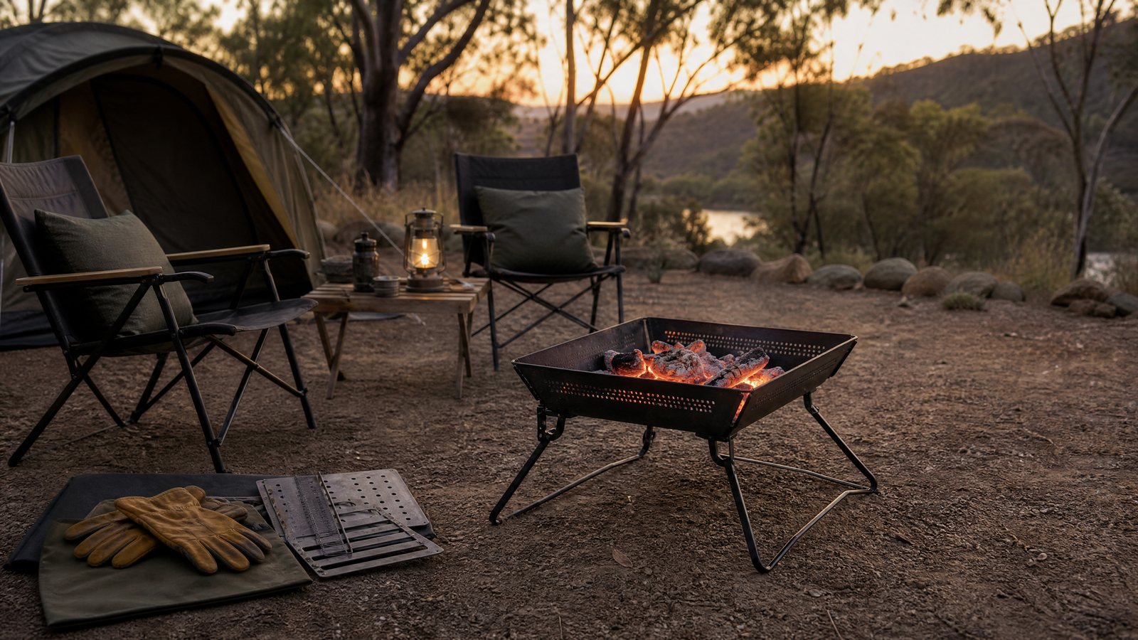 Raised portable camping fire pit with contained coals in a safe gravel campsite setting.