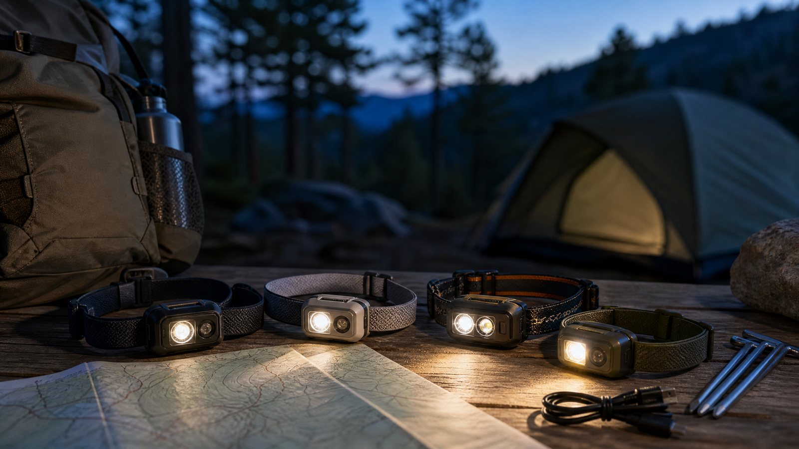 Camping headlamps illuminating a map on a camp table at twilight beside a tent.