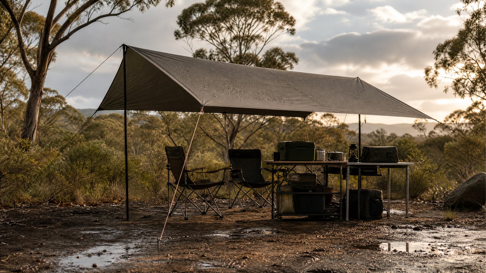 Camping tarp shelter pitched over a camp kitchen in a bush campsite after light rain.