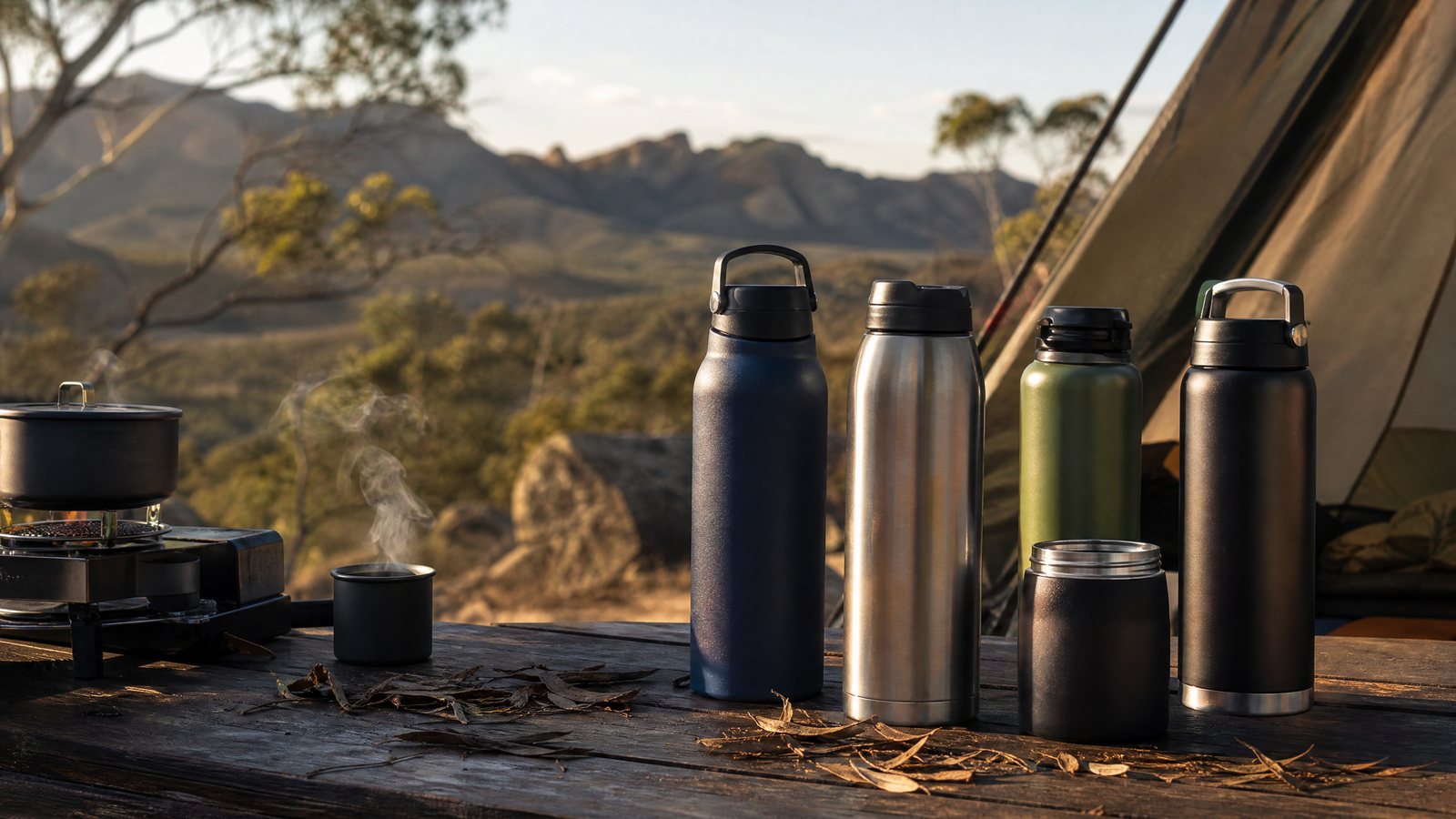 Insulated flasks and bottles arranged on a campsite table beside a tent at sunrise.
