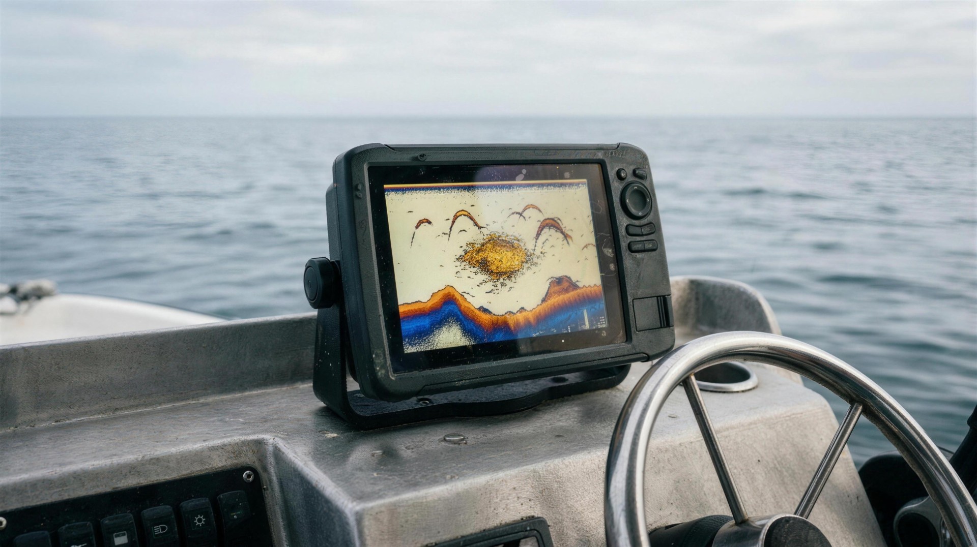 A brand-free fish finder at a boat helm showing a sonar screen with a bottom contour, a bait ball and fish arches