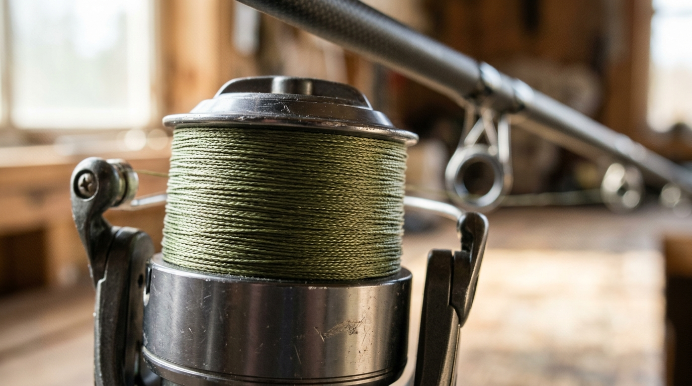 Olive-green braided fishing line packed onto a spinning reel spool with a rod behind