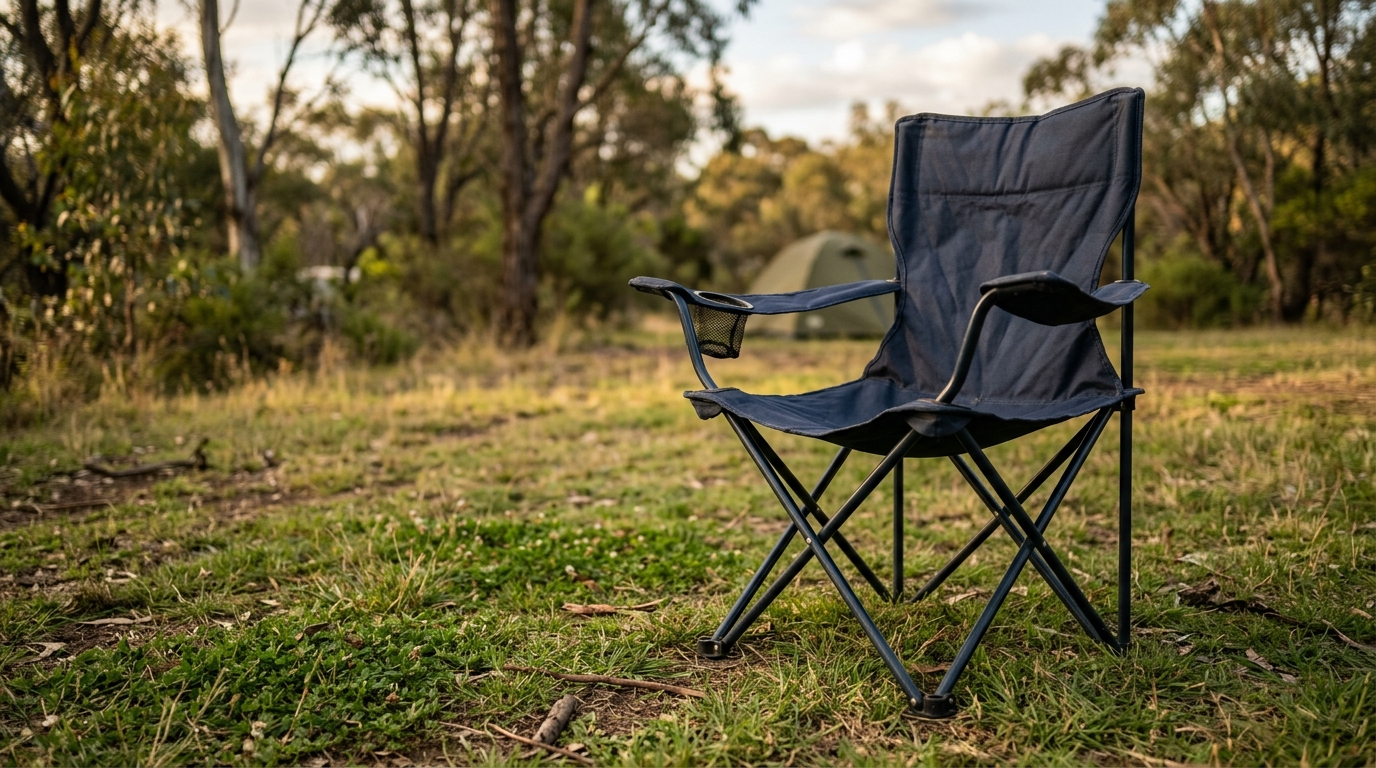 A navy folding quad camping chair set up on grass at a campsite, showing the seat, high back, armrest and cup holder