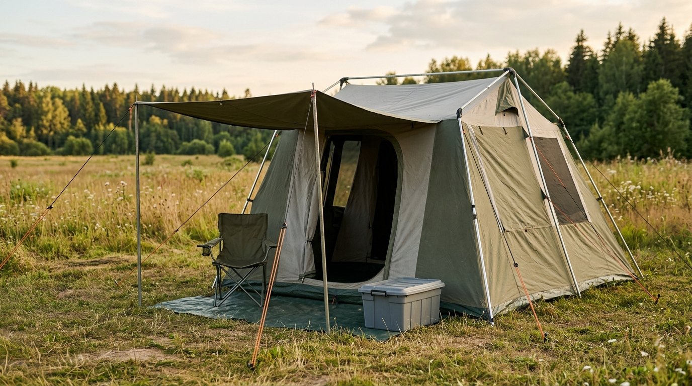 A large cabin-style family camping tent with near-vertical walls and an awning vestibule pitched on a grassy clearing.