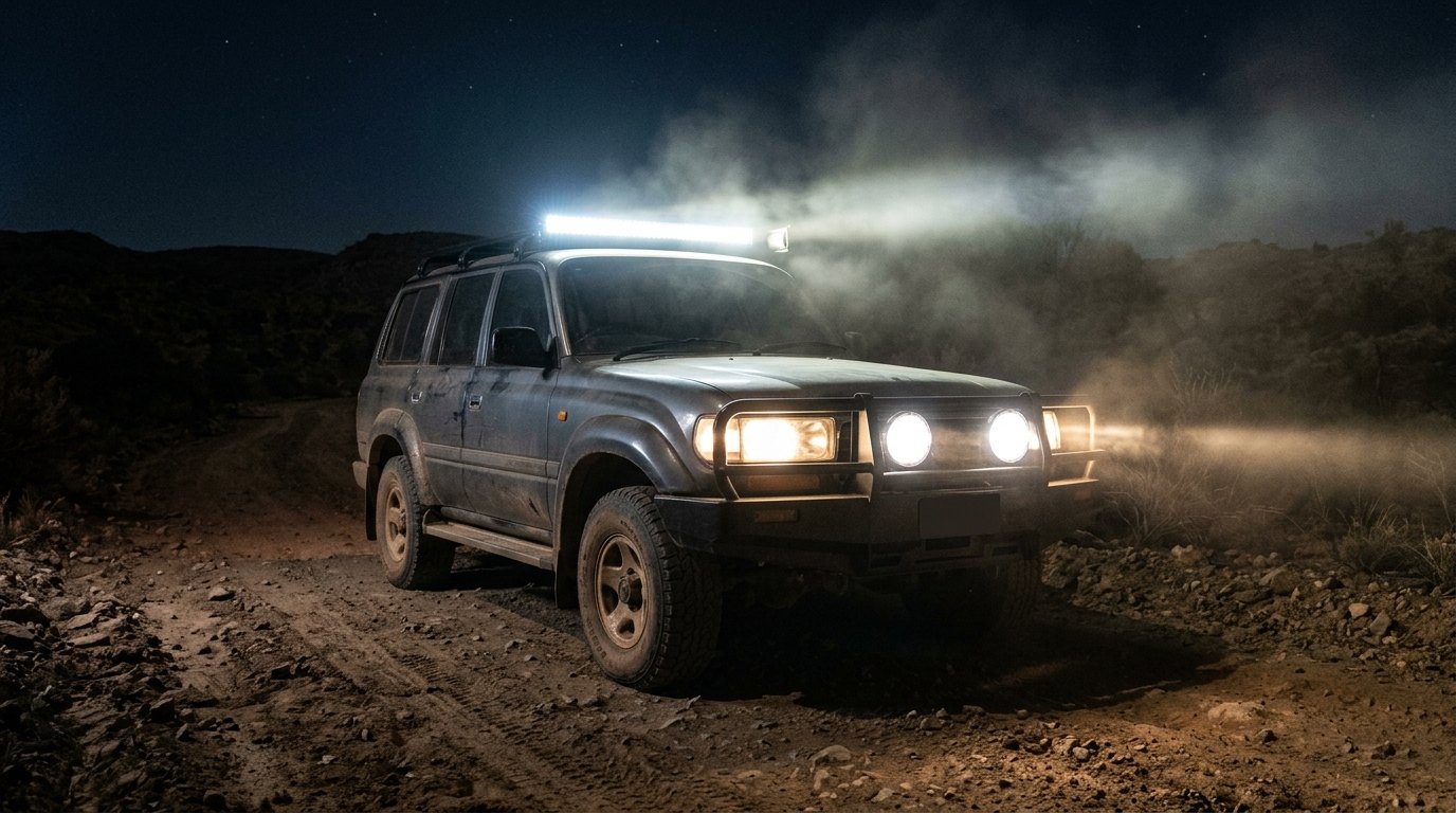 A four-wheel-drive at night with a roof LED light bar and a pair of round driving lights throwing bright beams through dust on a dirt track.