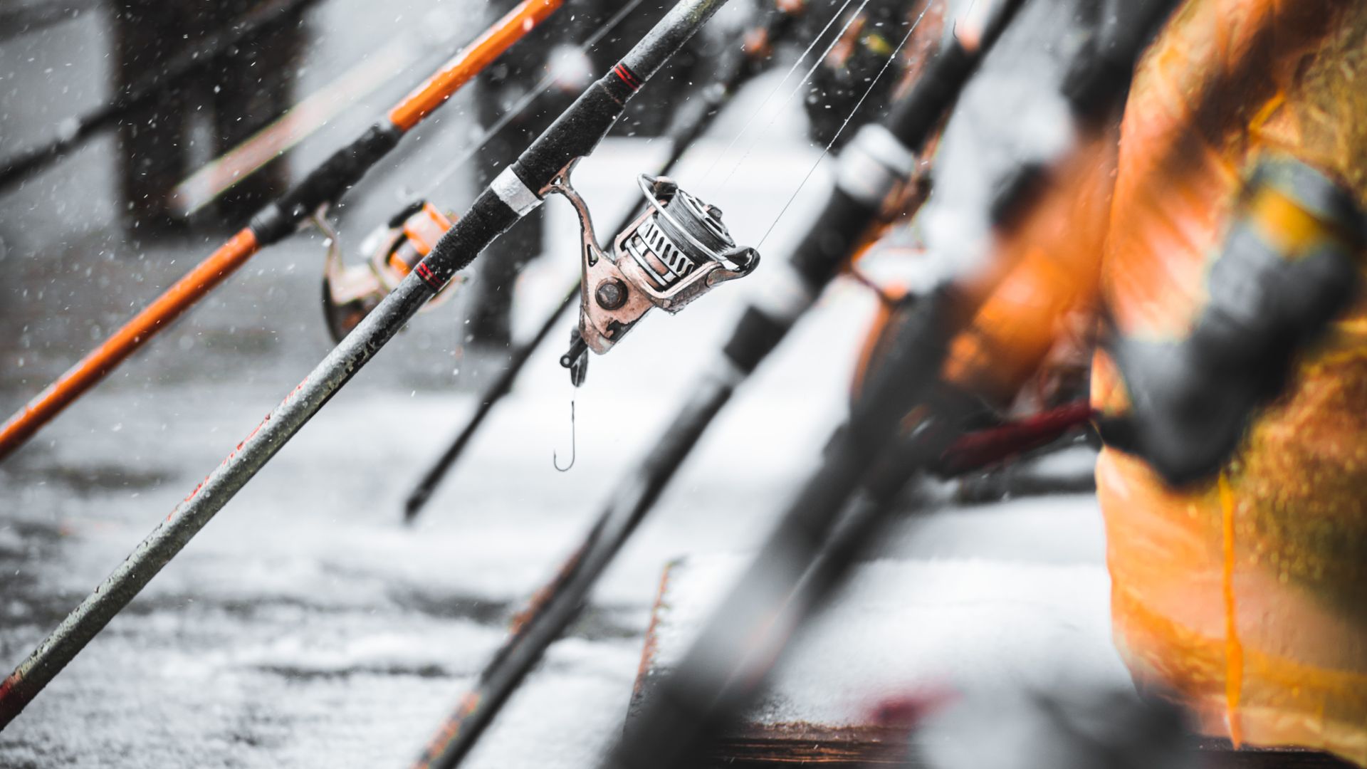 A row of fishing rods with reels lined up ready for storage and transport