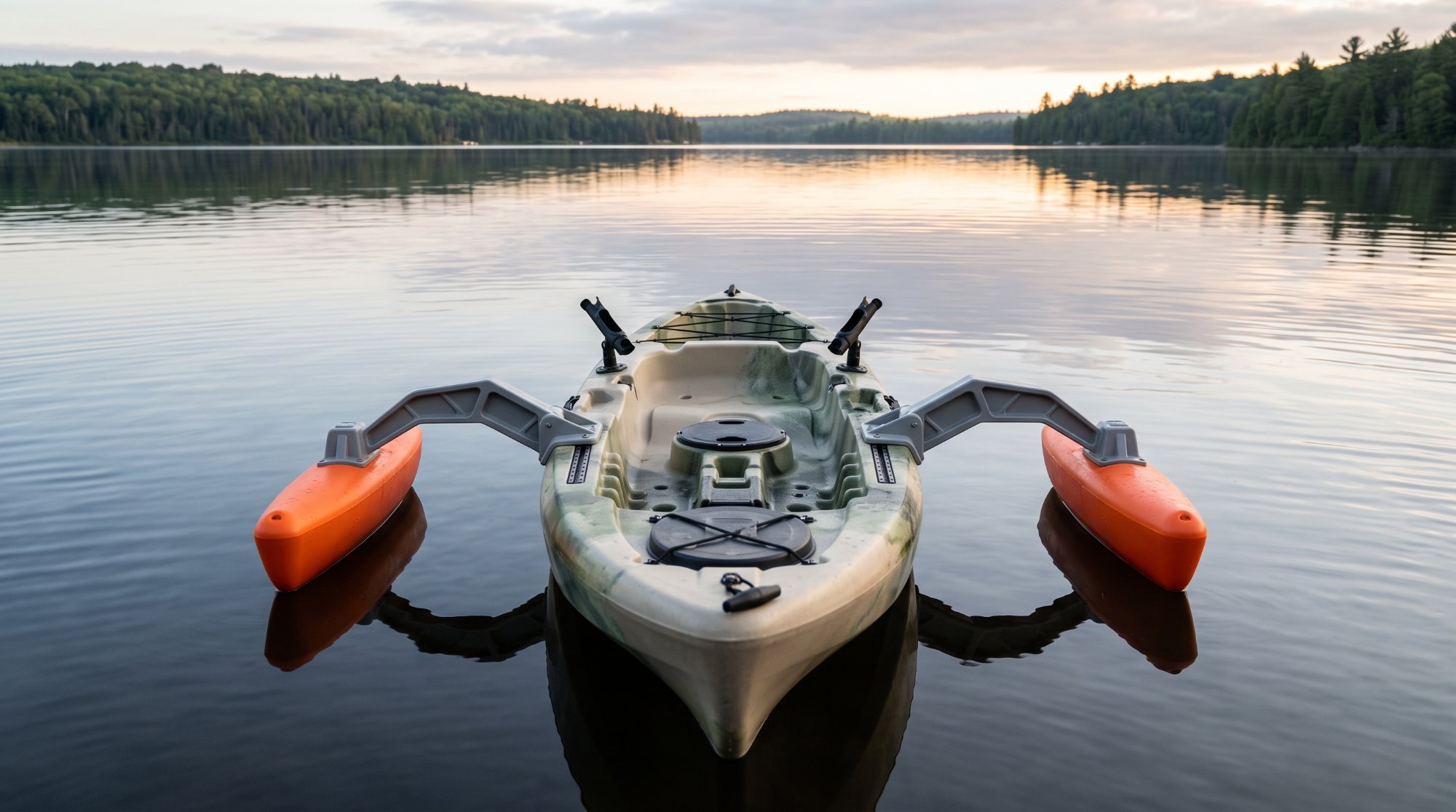 A sit-on-top fishing kayak fitted with a pair of outrigger arms and floats, seen from the bow on calm water.