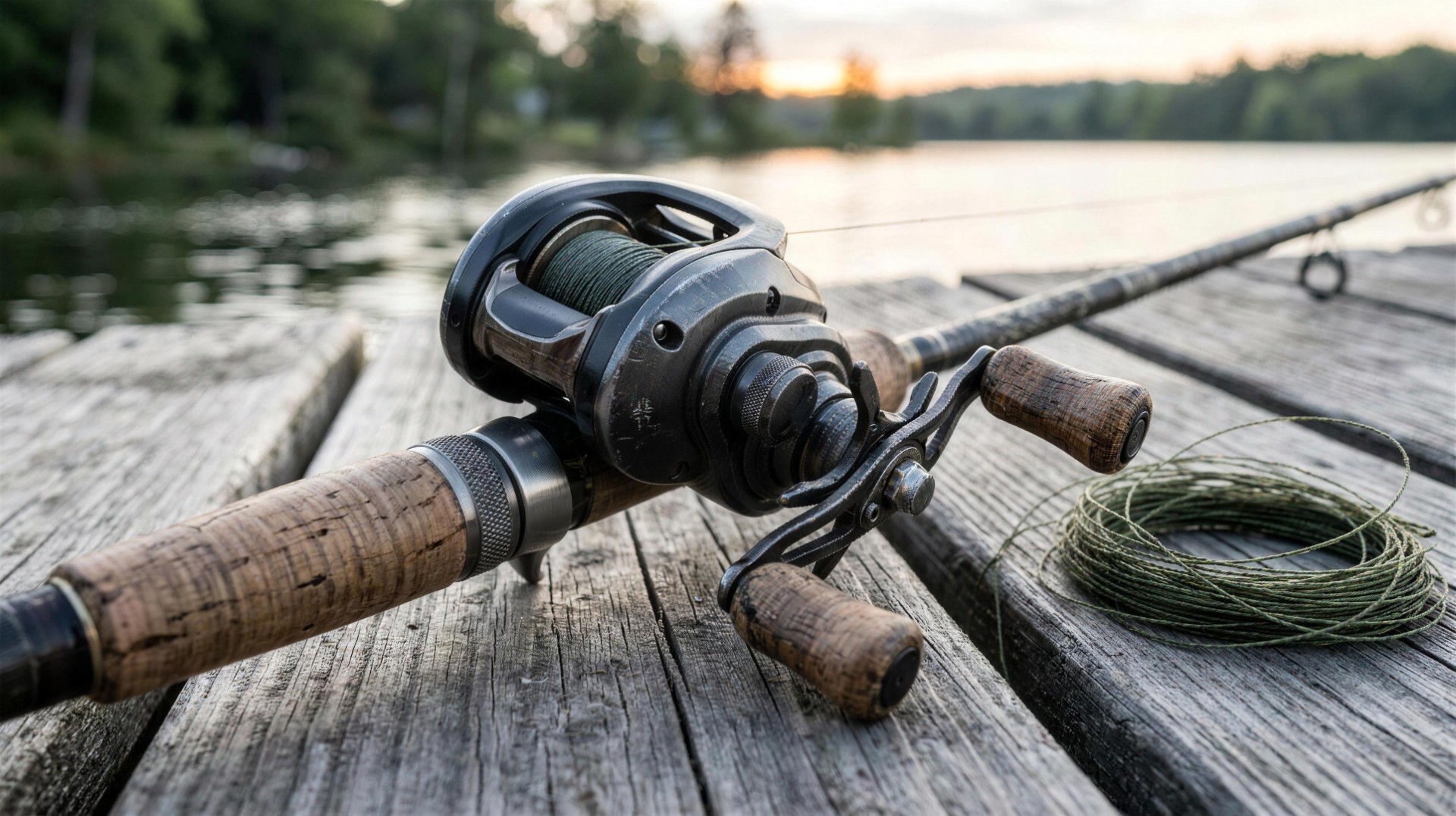 Low-profile baitcasting reel on a casting rod with a cork handle, resting on timber boards beside a coil of line.