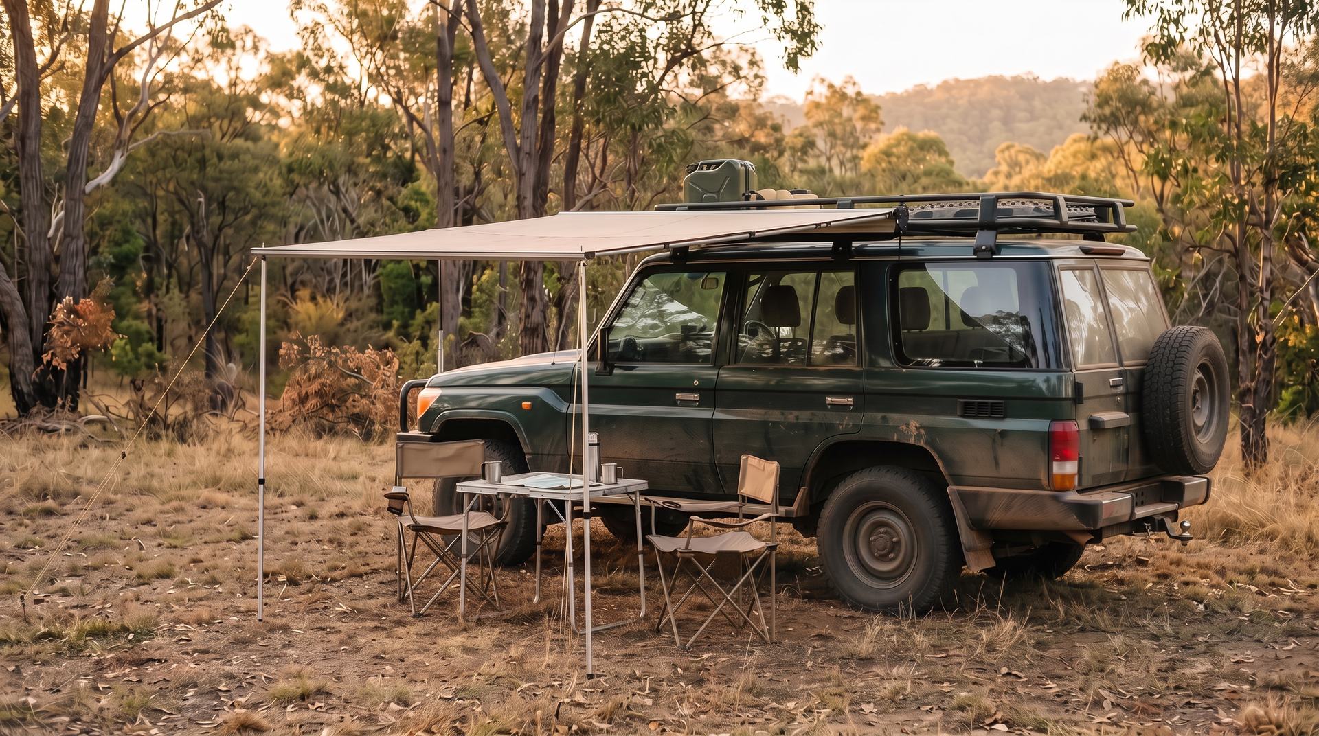 Straight pull-out awning extended from the roof rack of a four-wheel drive at a grassy campsite