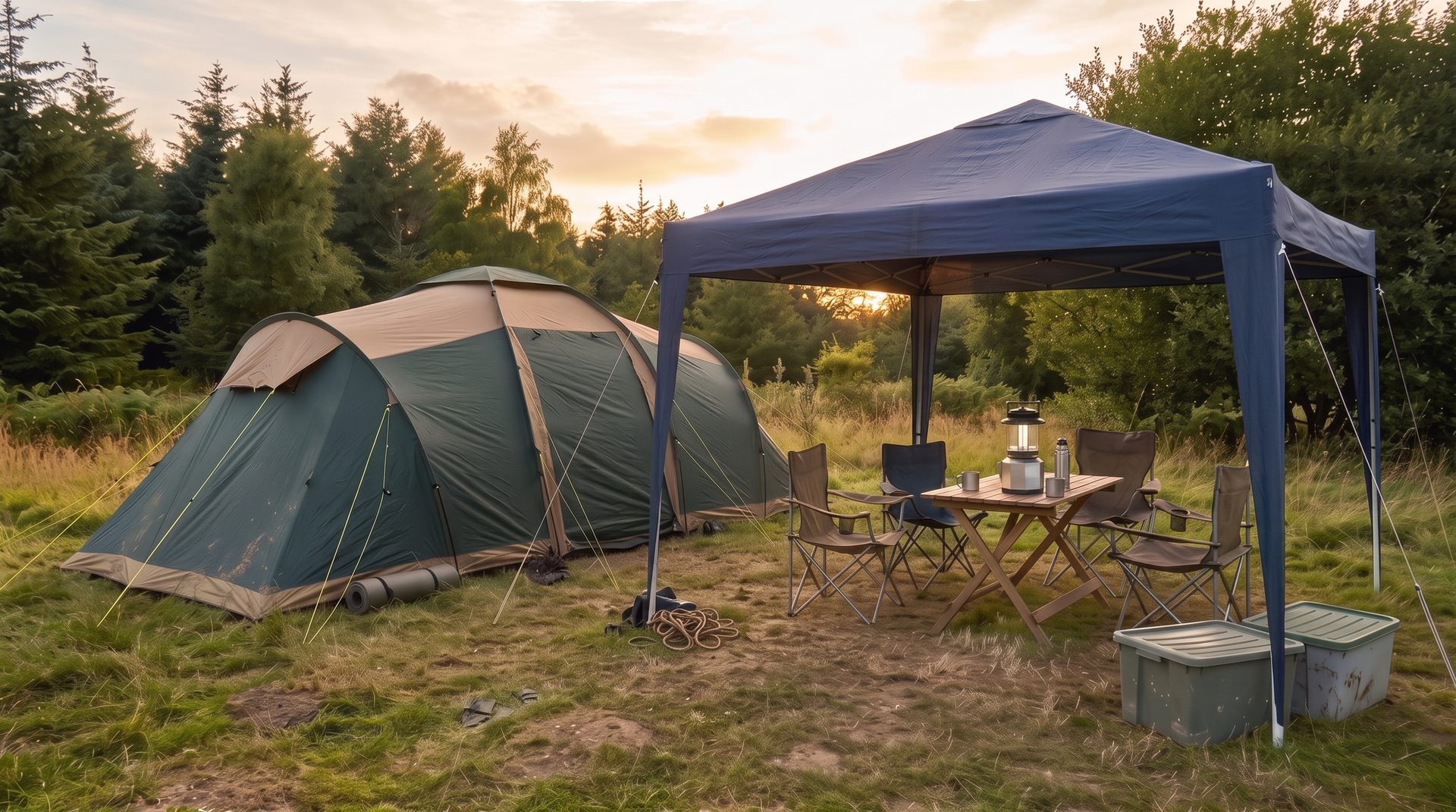 Family campsite at dusk with a large tunnel tent, a gazebo sheltering a camp table and chairs, and lidded storage boxes on the grass