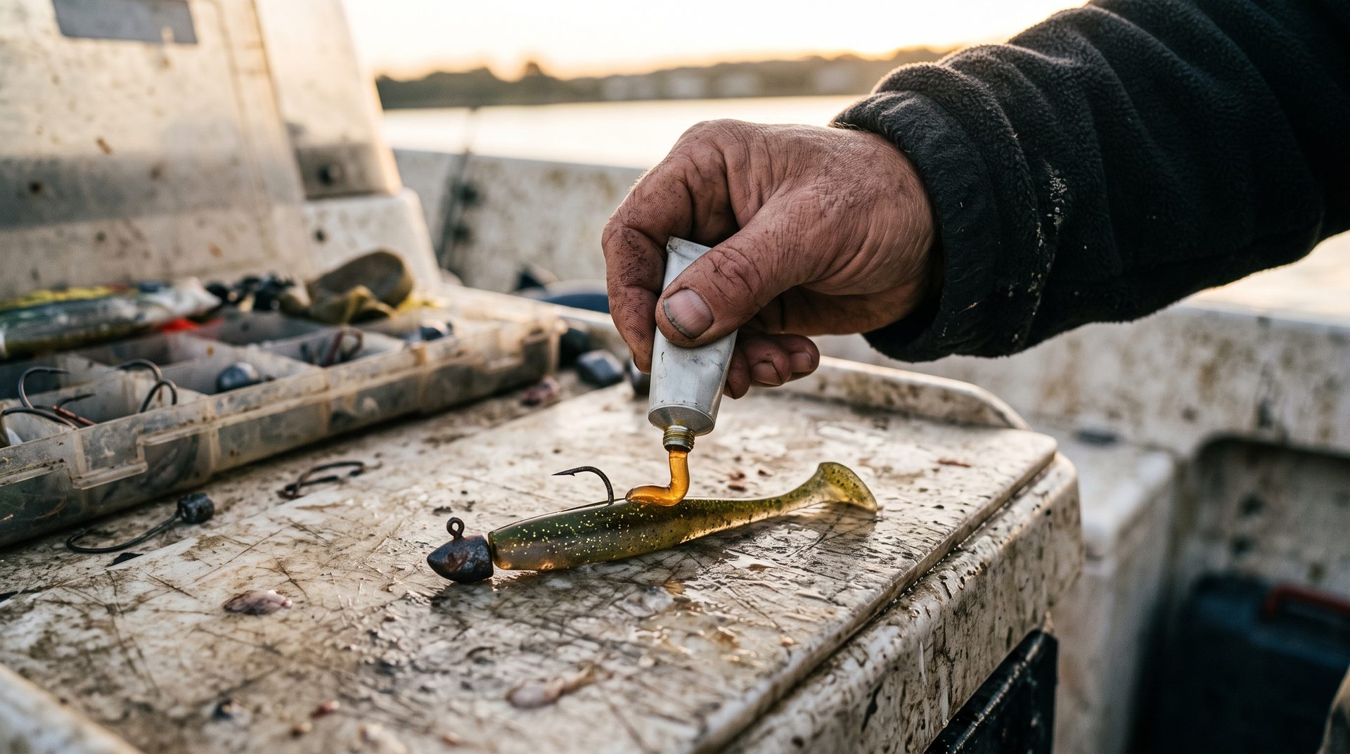 Squeezing gel fish attractant from a plain tube onto a soft plastic lure rigged on a jighead