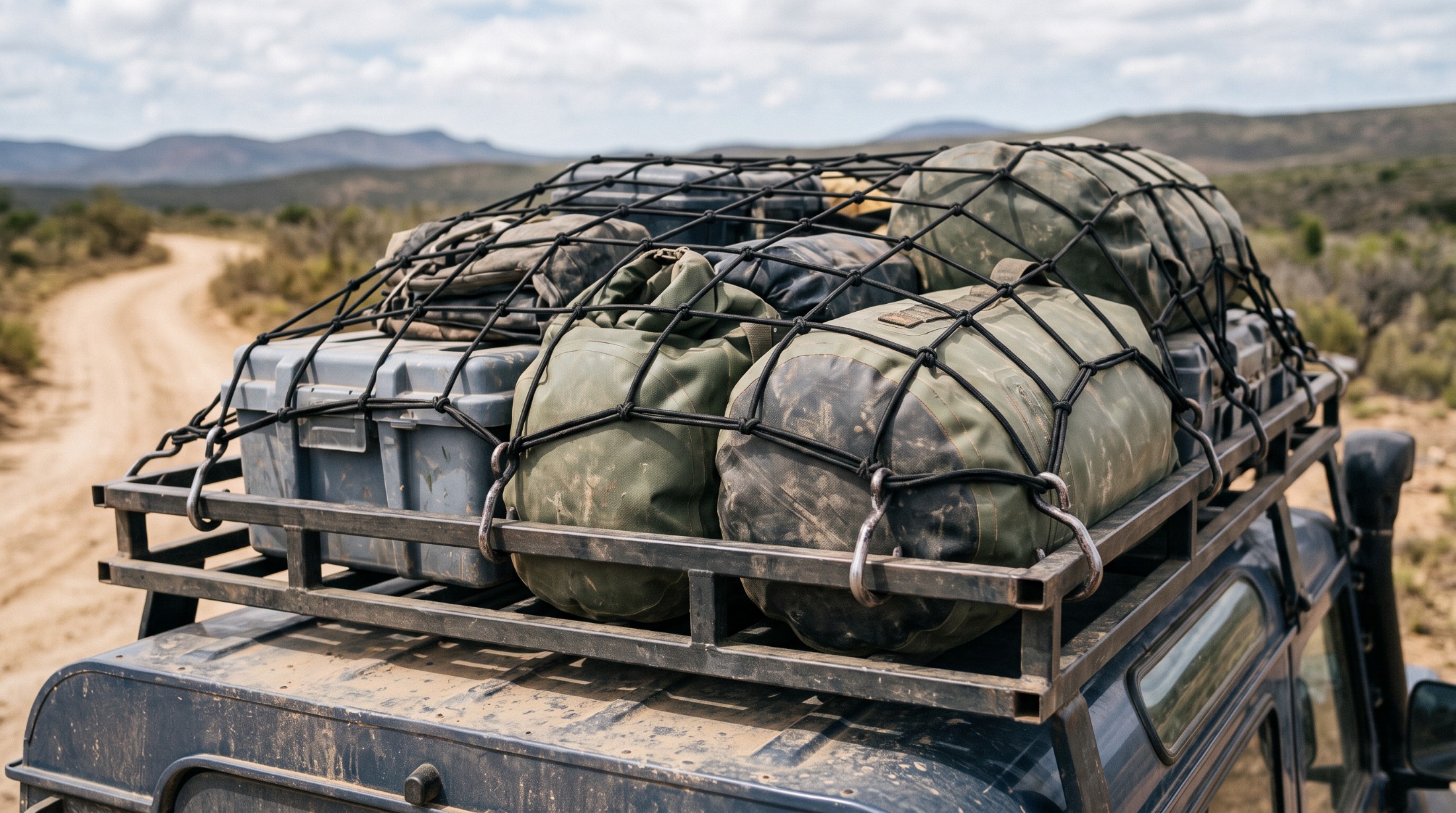 A stretchy cargo net with hooks stretched over dry bags and boxes on a 4x4 roof rack to secure the load