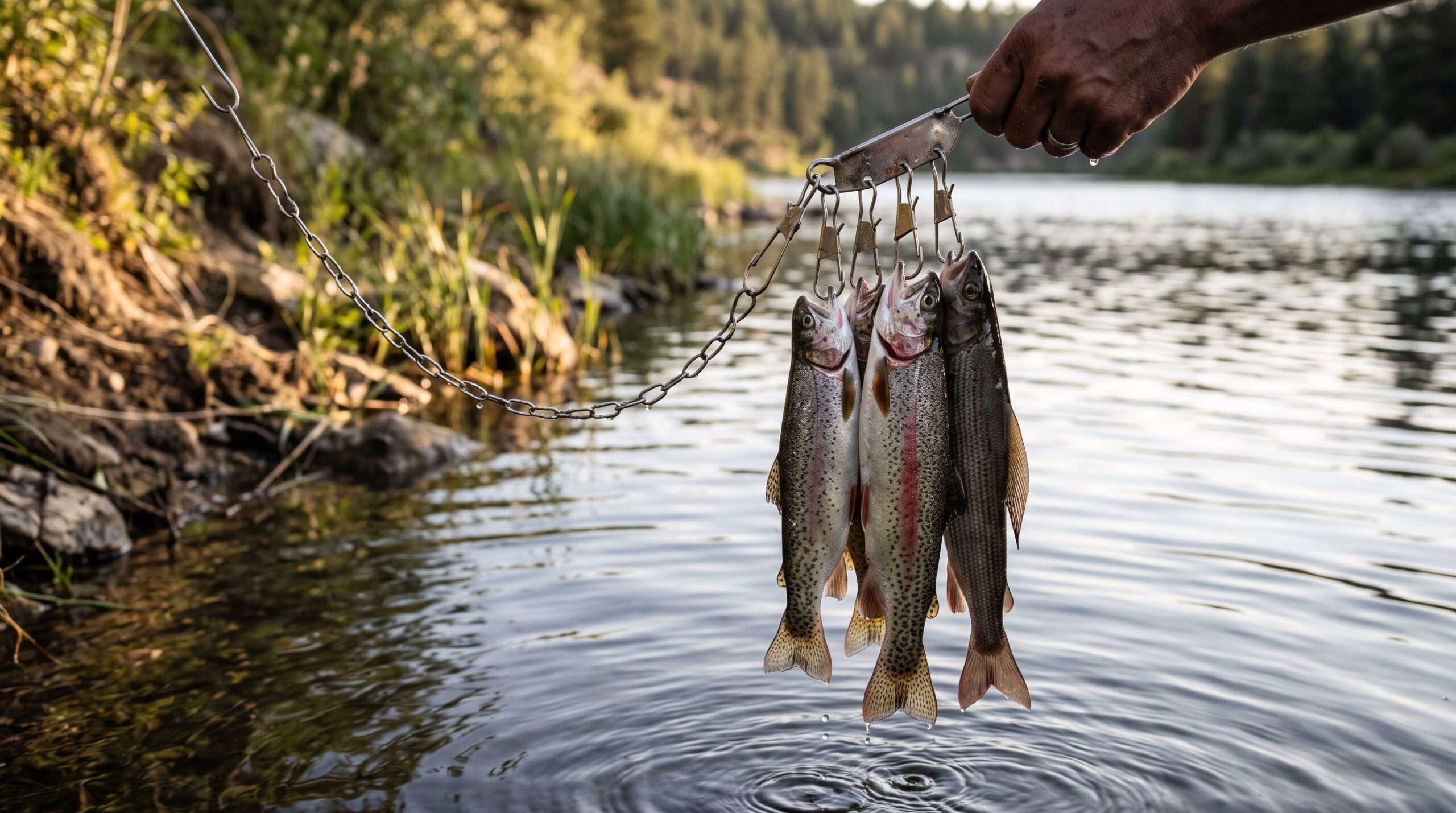 A stainless steel fish stringer holding several caught fish just above calm water at a riverbank