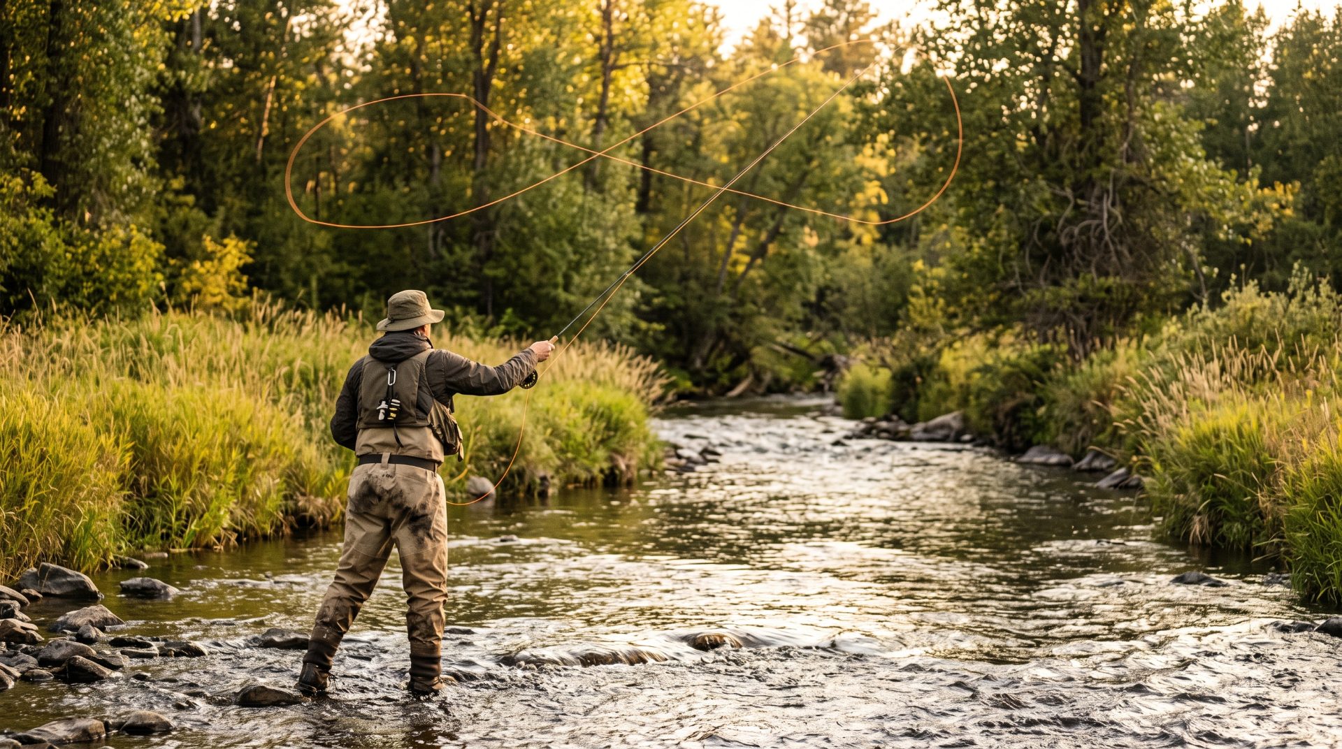 An angler false-casting a fly line over a clear stream while standing in waders, illustrating fly fishing technique.