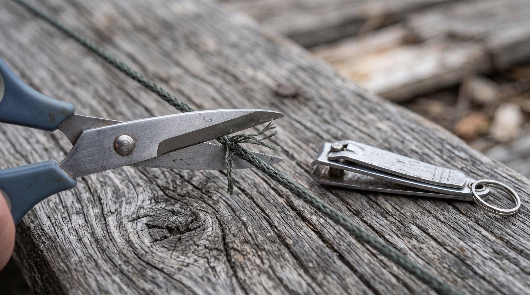 Braid scissors cutting braided fishing line beside a compact line clipper tool