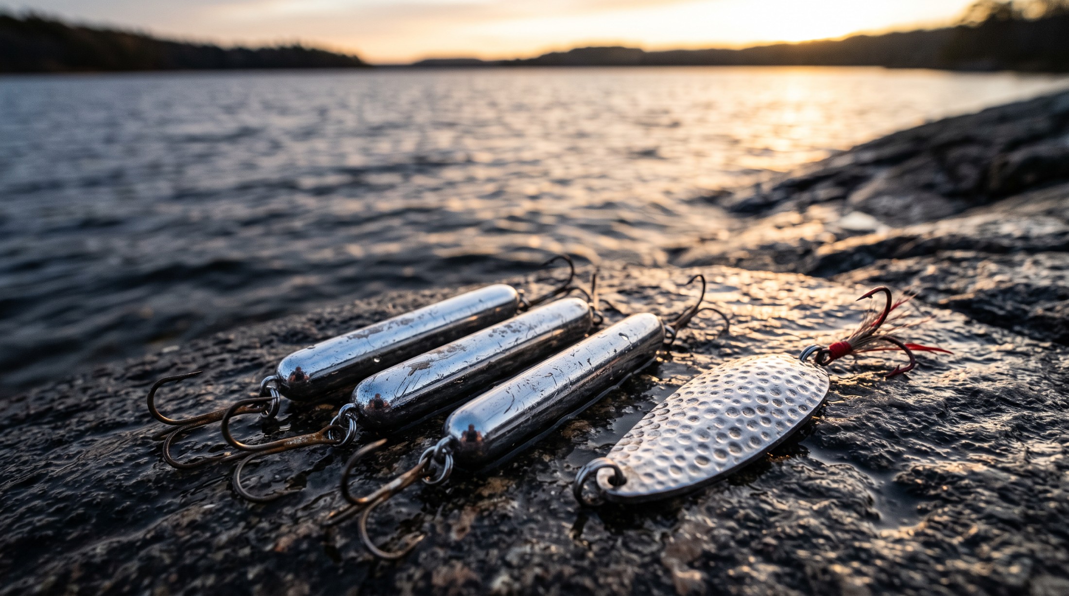 Polished chrome metal slug lures and a hammered casting spoon with treble hooks lying on wet rock beside the water.