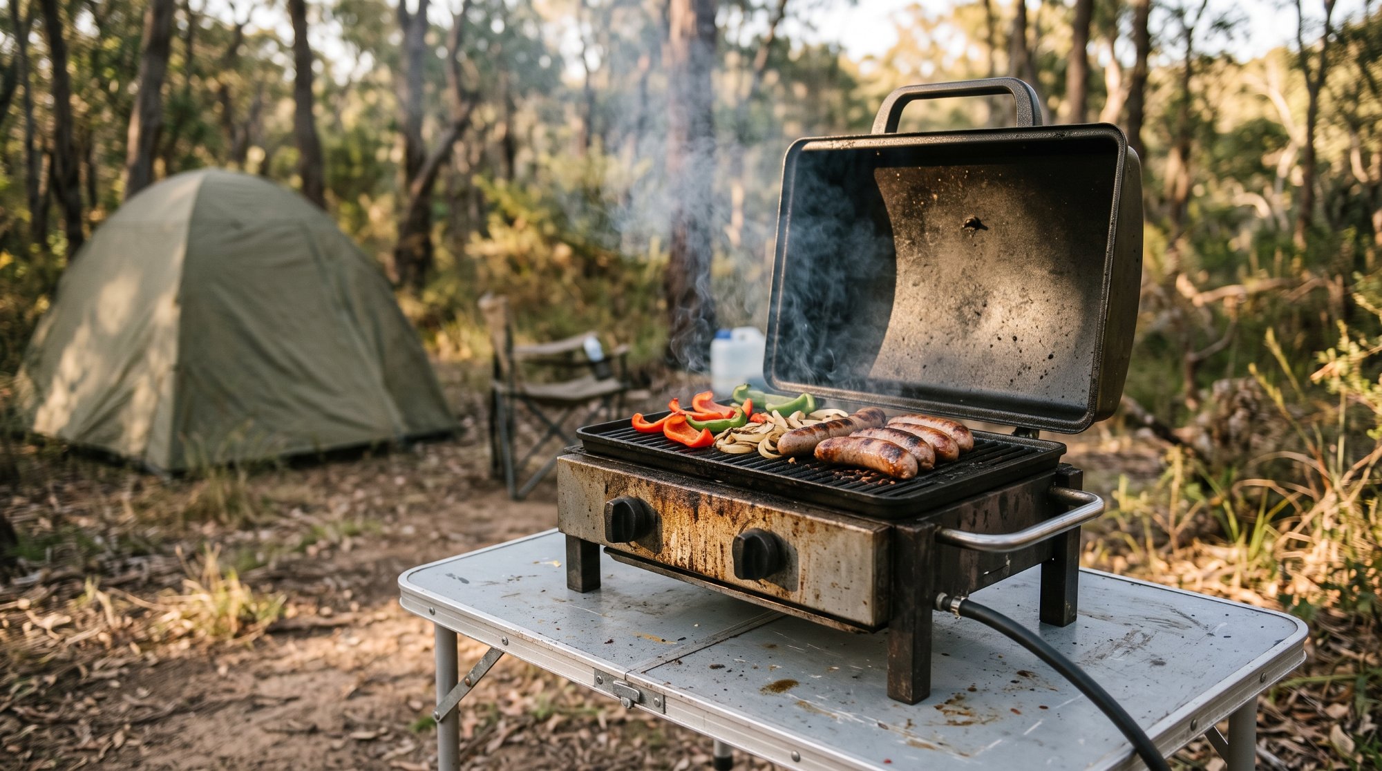 Portable lidded gas barbecue cooking sausages, capsicum and onion on a folding camp table at a campsite