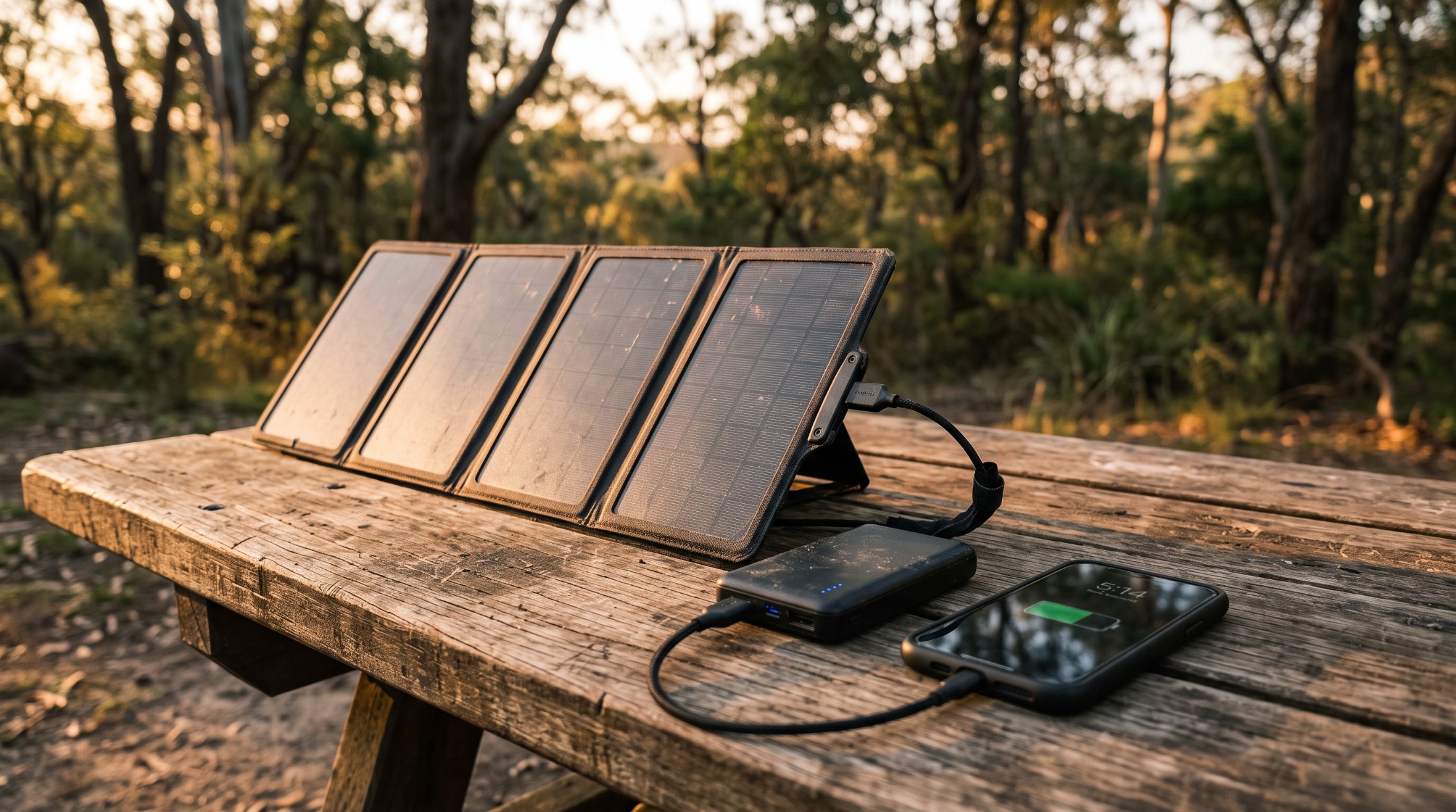 A foldable solar charging panel and power bank charging a phone on a camp table.