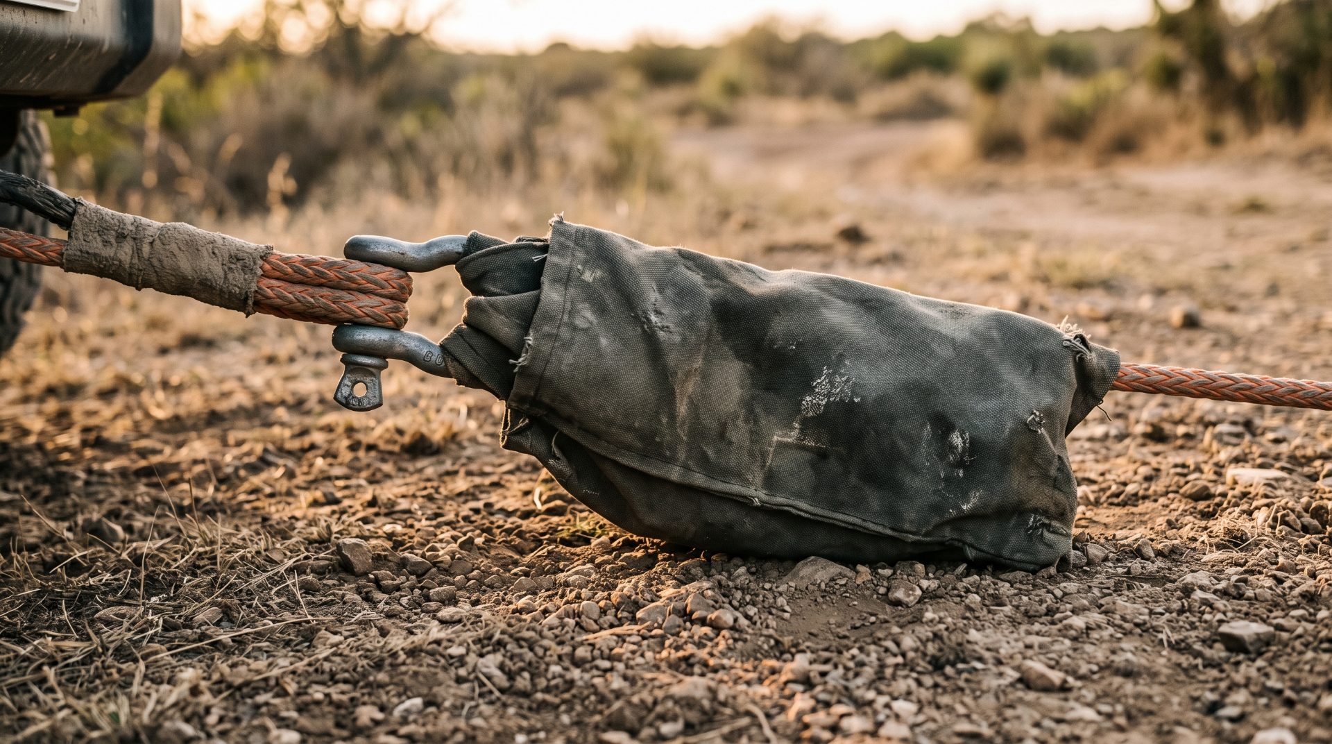 A weighted recovery dampener bag draped over a rope and shackle connection during a 4x4 recovery.