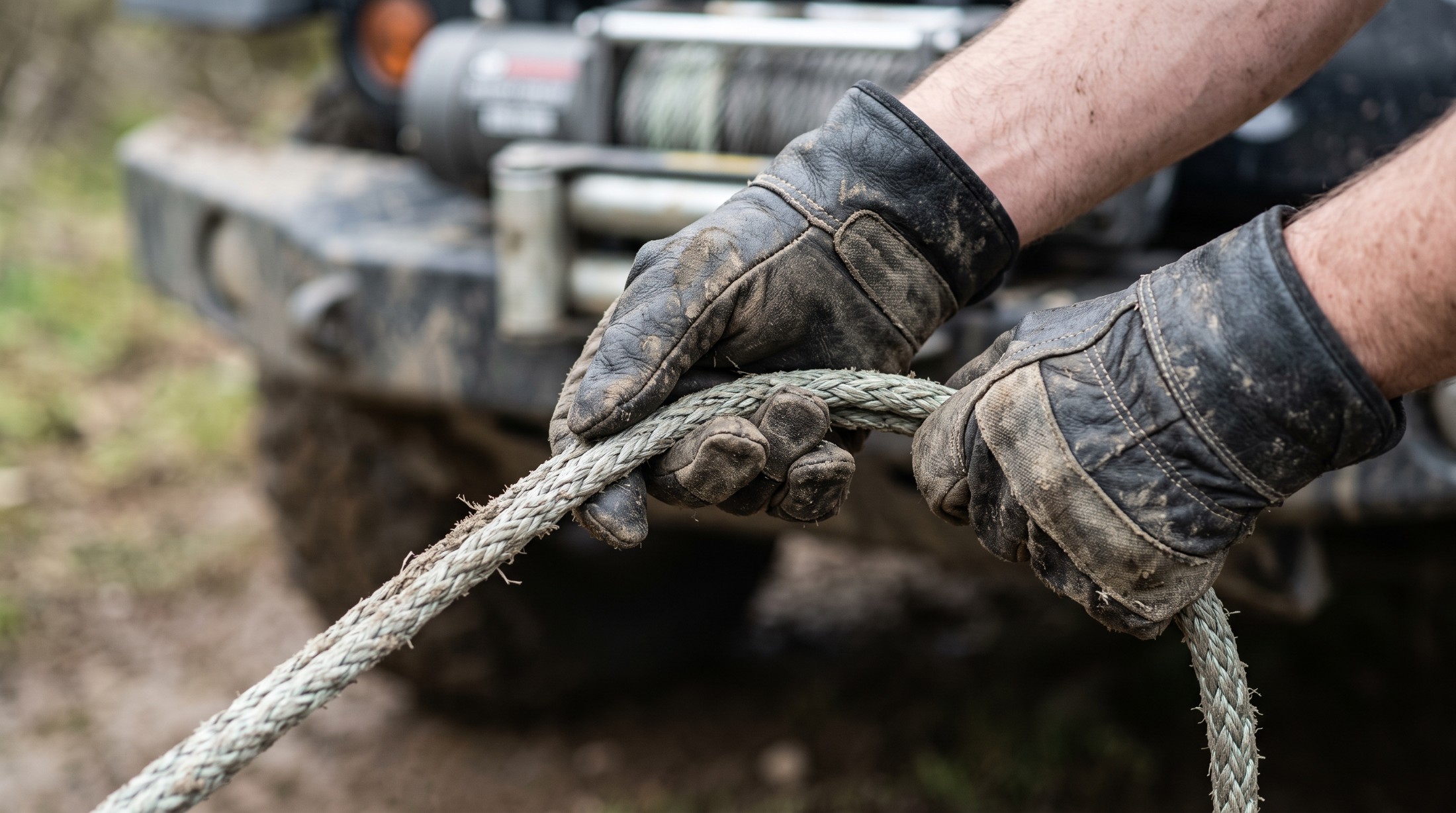 Gloved hands gripping a synthetic winch rope during a 4x4 recovery with the winch in the background