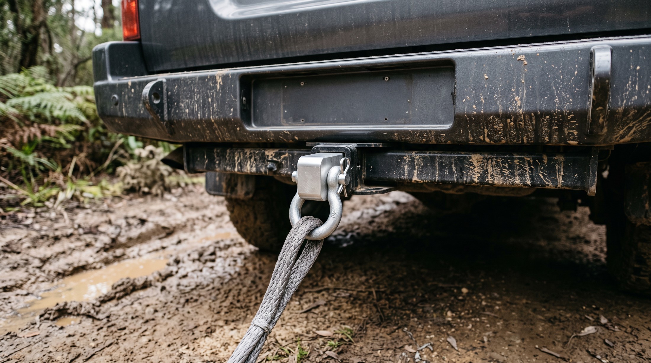 Alloy recovery hitch and rated shackle fitted in a 4x4 tow hitch receiver