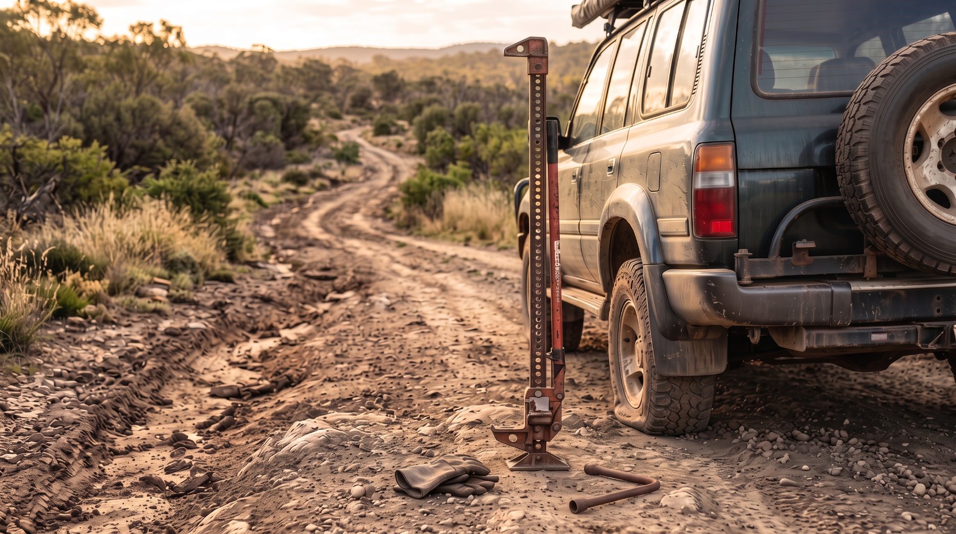 A farm jack standing on a dirt track beside a four-wheel drive with a flat rear tyre