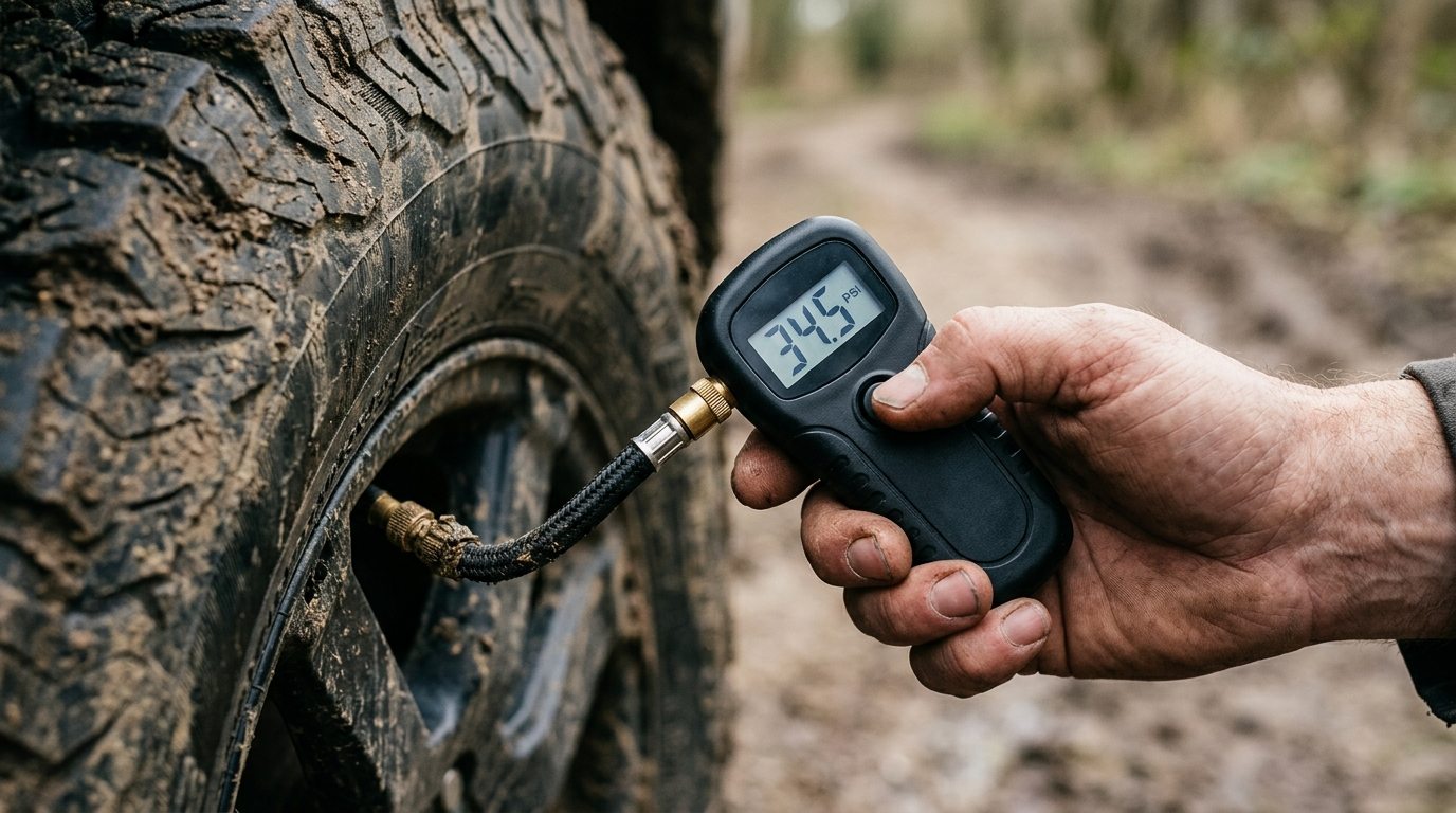 Digital tyre pressure gauge with a hose reading pressure on a muddy four-wheel-drive tyre valve
