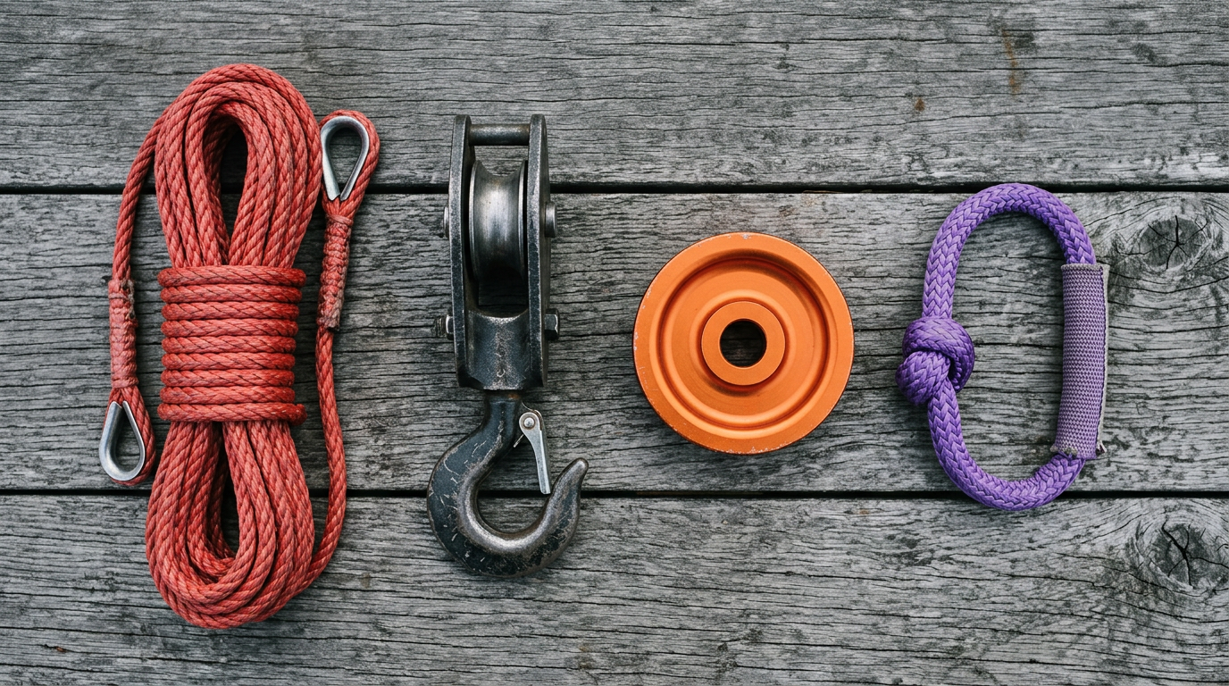 Steel snatch block, orange alloy recovery ring, purple soft shackle and red synthetic winch rope laid out on timber